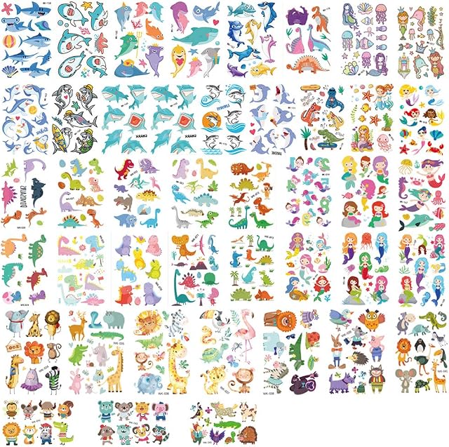 42 Sheets Temporary Tattoos For Kids, Cute Animal Temporary Tattoos Waterproof Cartoon Tattoos Sticker Fake Tattoos Mermaid Dinosaur Shark Tattoos For Children Kids Birthday Party Favors Supplies