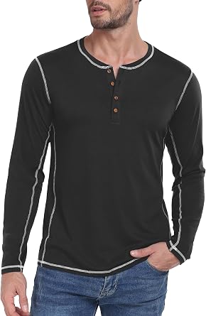 PEGENO Mens Henley Long Sleeve Button T-Shirt Casual Stylish Contrast Stitching Long Sleeve Shirts for Men
