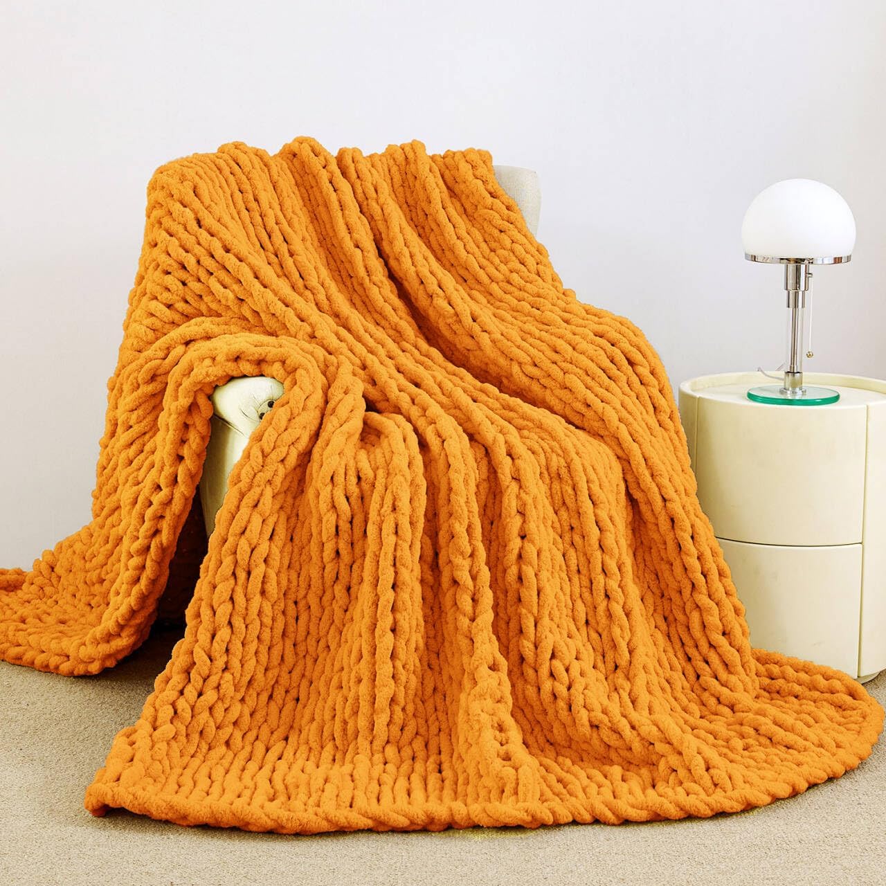 Admitrack Chunky Knit Blanket Throw, 100% Hand Knit Chenille Throw Blanket for Sofa & Home Decor, Soft and Cozy Knitted Throw Blankets (Orange, 51"x63")