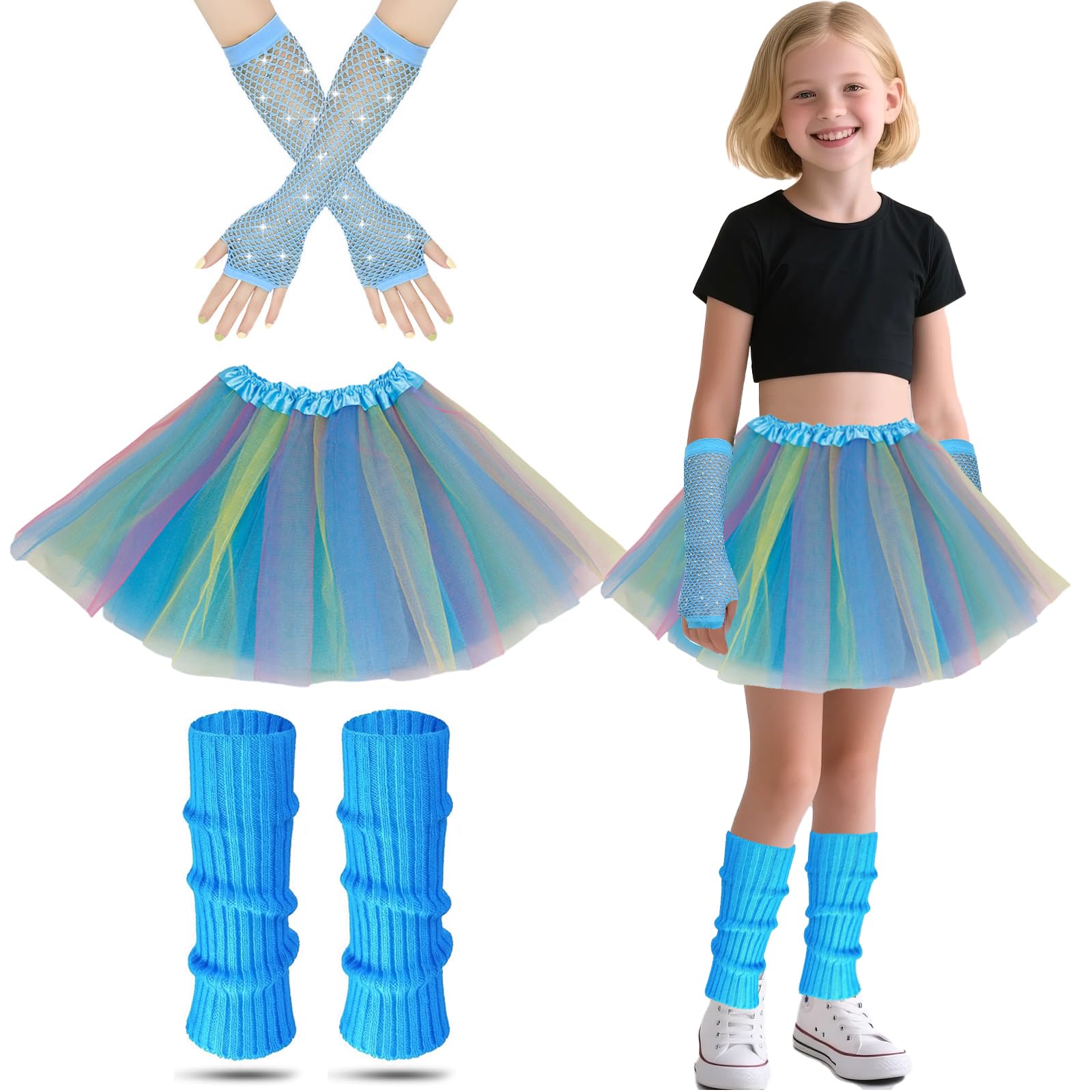 80s Fancy Dress for Kids Rockstar Costume, 80s Outfits Kids Neon Tutu Set Girls Leg Warmers Fishnets Gloves and Fancy Dress Tutu for 1980s Theme Party Disco Party Costume Carnival Gathering (Blue) โ image 1