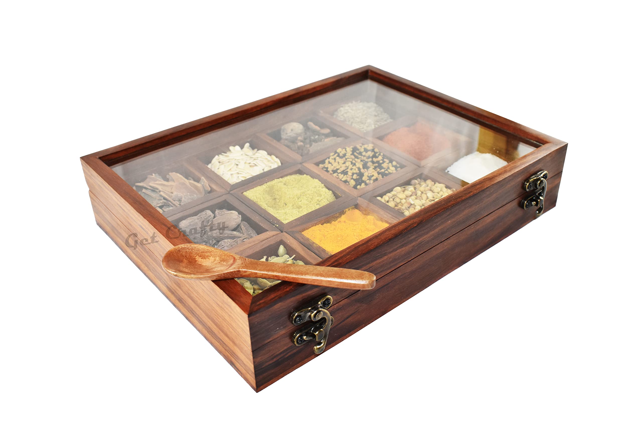 Get Crafty Wooden Spice Box for Kitchen with Spoon – 12 Compartments Removable - Handmade Indian Masala Dabba with Glass Lid - Spices Organizer & Multipurpose Storage Box for Dry Fruits - for Gift
