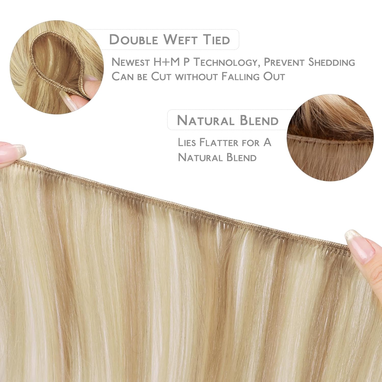 WENNALIFE Sew in Hair Extensions Real Human Hair, 18 Inch 120g Light Blonde Highlighted Golden Blonde Double Weft Hair Extensions Remy Hair Silky Straight Thick Hand Tied Sew in Extensions