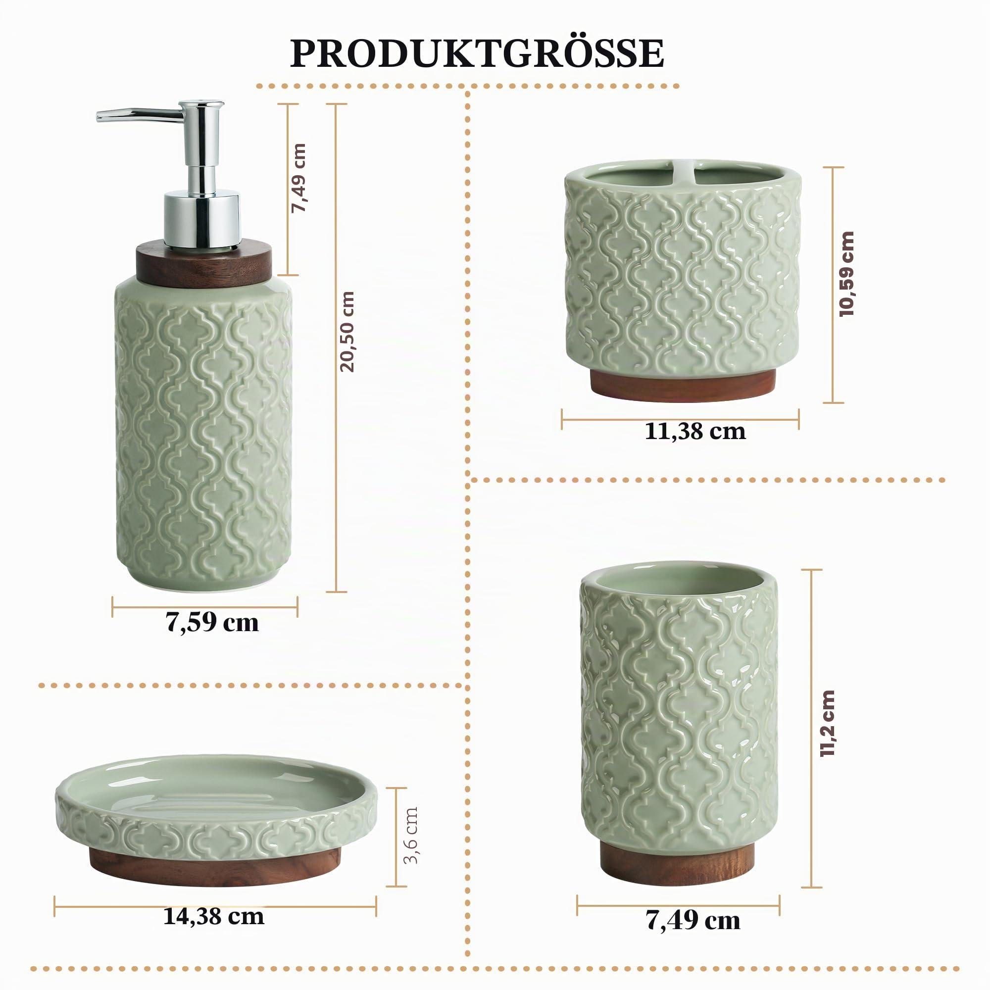 RQYIXI Badezimmer-Zubehör-Set, Zahnbürstenhalter, Seifenspender, Keramik-Badezimmer-Set mit Zahnputzbecher, Seifenschale, Becher, 4-teilig