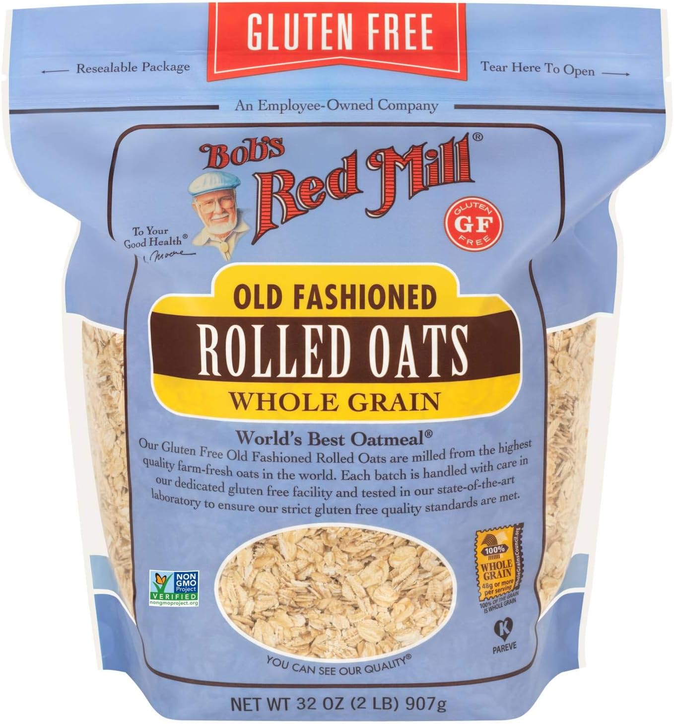 Bob's Red Mill Gluten Free Old Fashioned Rolled Oats, 32oz (Pack of 1) - Non GMO, Whole Grain, Vegan, Kosher