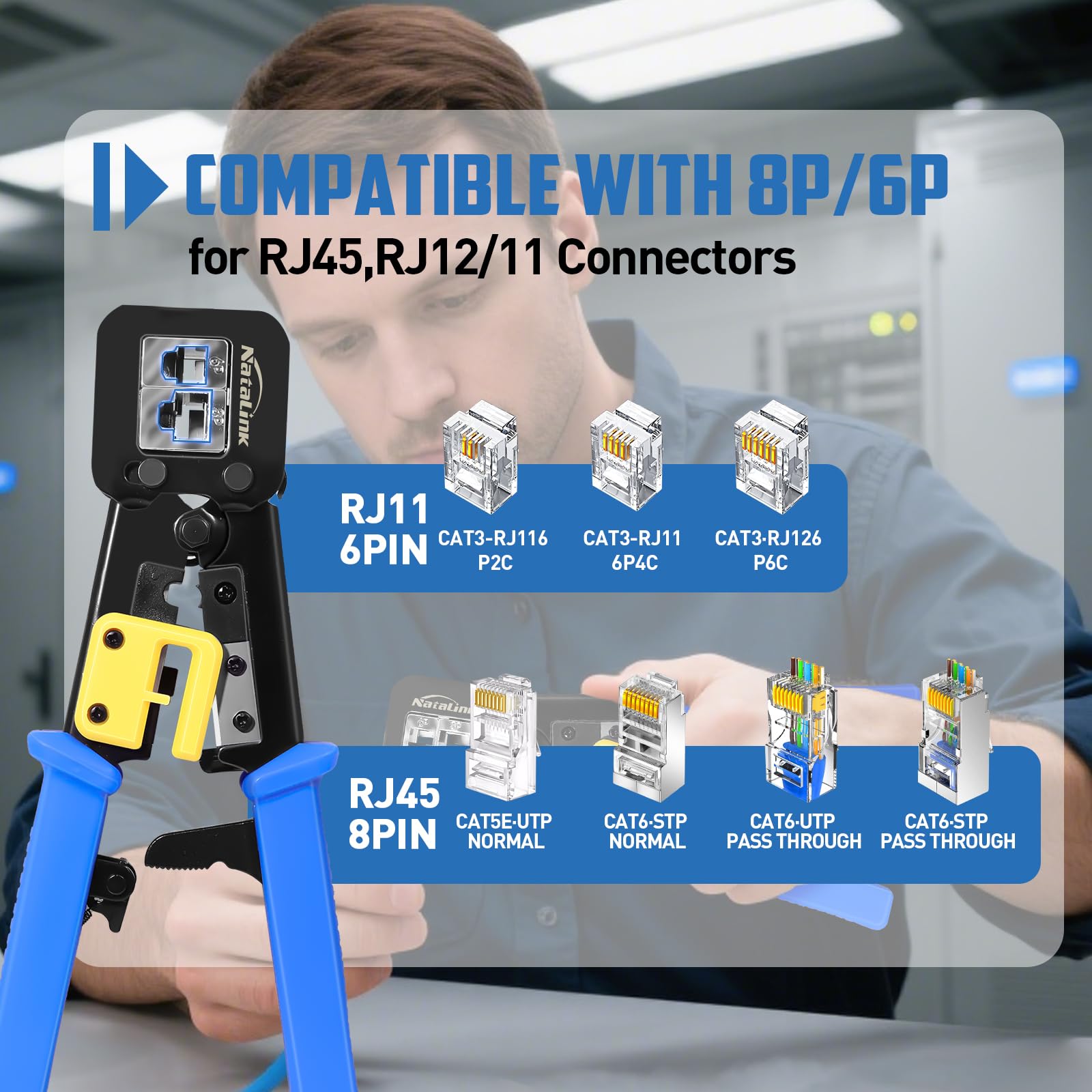 Crimpatrice RJ45 con tester per cavi di rete, mini spellacavi, 50 connettori Cat6 Cat6 Cat 5 e Cat 5 e cavi di sicurezza