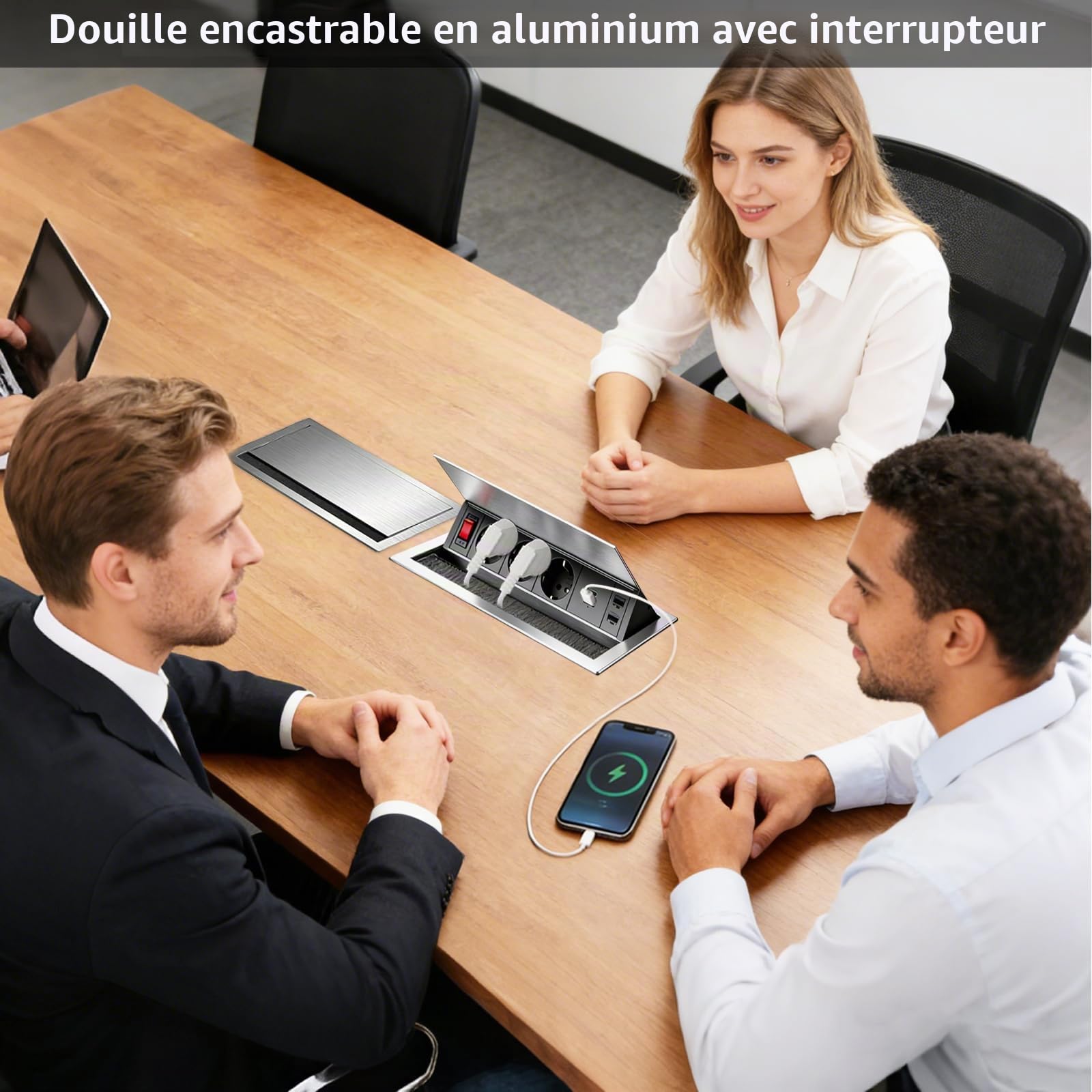 Multiprise Encastrable, Aluminium Prise Encastrable 3 Prises avec Types C, USB et 2 CAT6, Bloc Prise Escamotable avec Interrupteur pour Cuisines Bureaux Salle de Réunion, 1.8M Câble