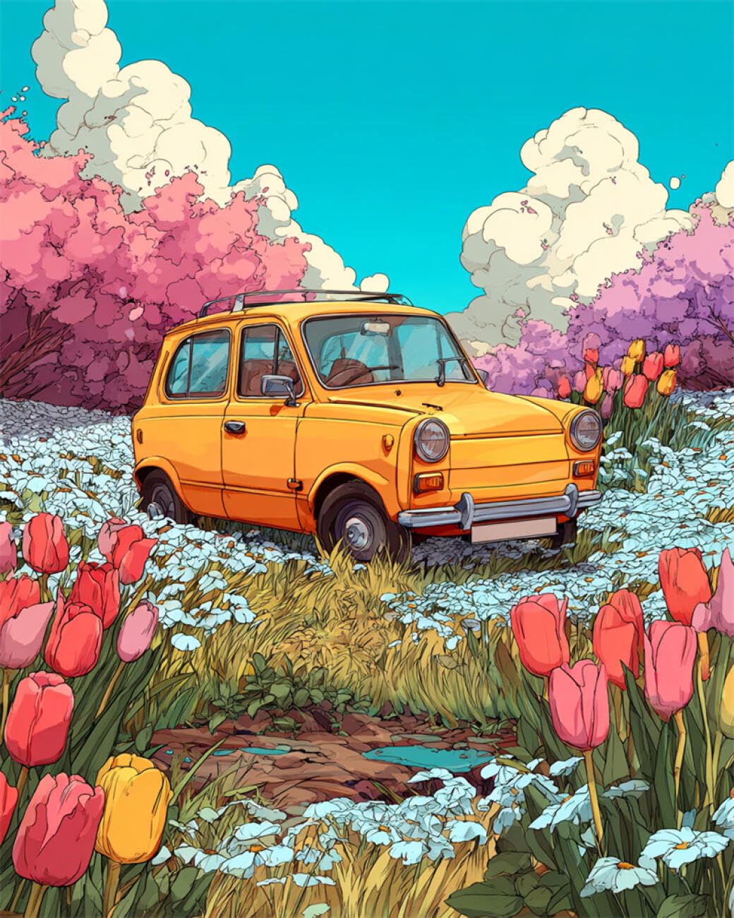 RKFLGEW DIY Embroidery Set Cartoon Cars and Flowers 50x70cm