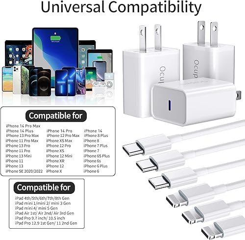Miniatura 6 de Cargador de carga rápida para iPhone 14, 13, 12, 11 certificado MFi, paquete de 3 cargadores de pared PD de 20 W PD USB C con cable Lightning de 6.6
