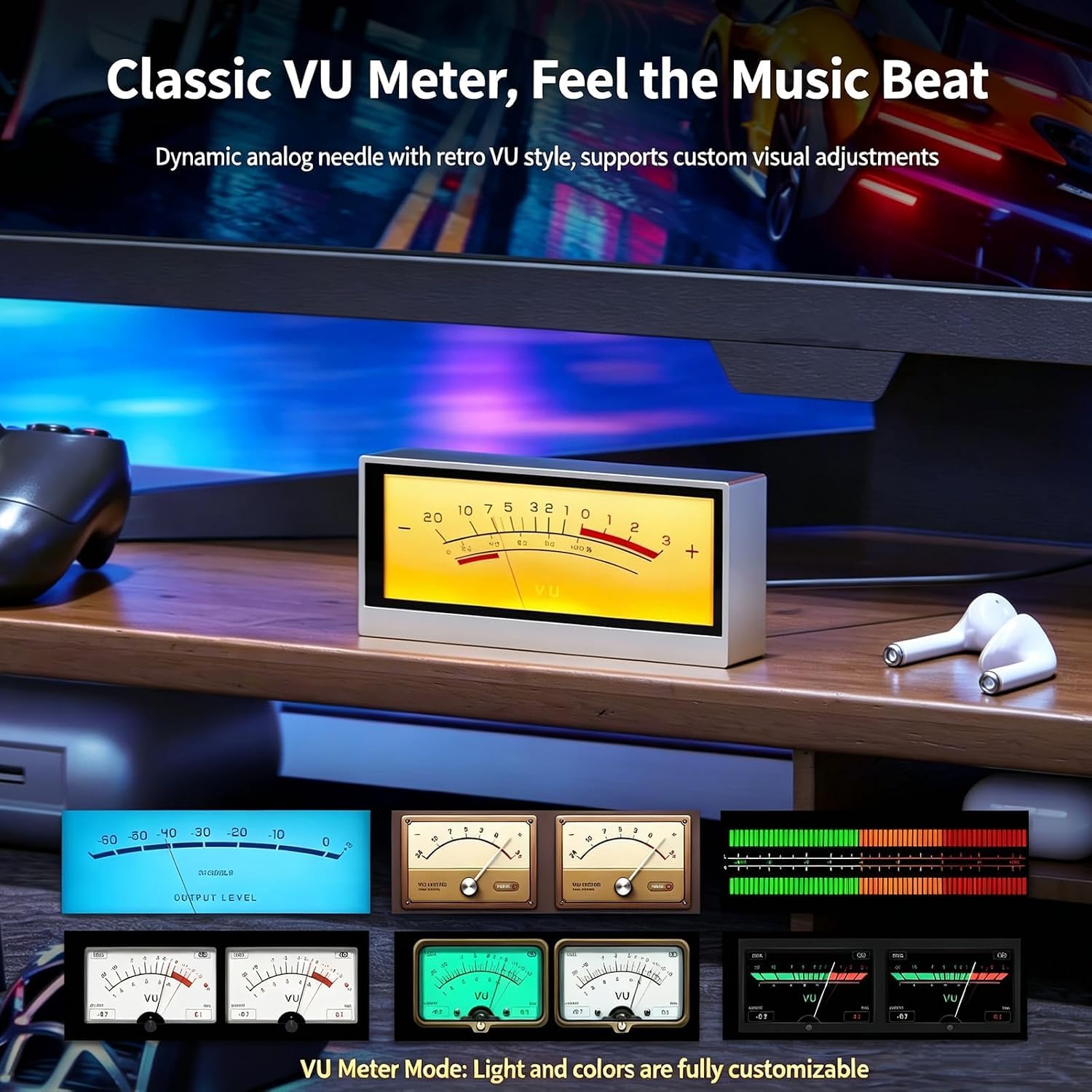 Lampada ritmica Spectrum con orologio, 7 effetti visivi, luminosità regolabile, ideale per studio Hi-Fi, gaming e decorazione desktop. VU meter da scrivania.