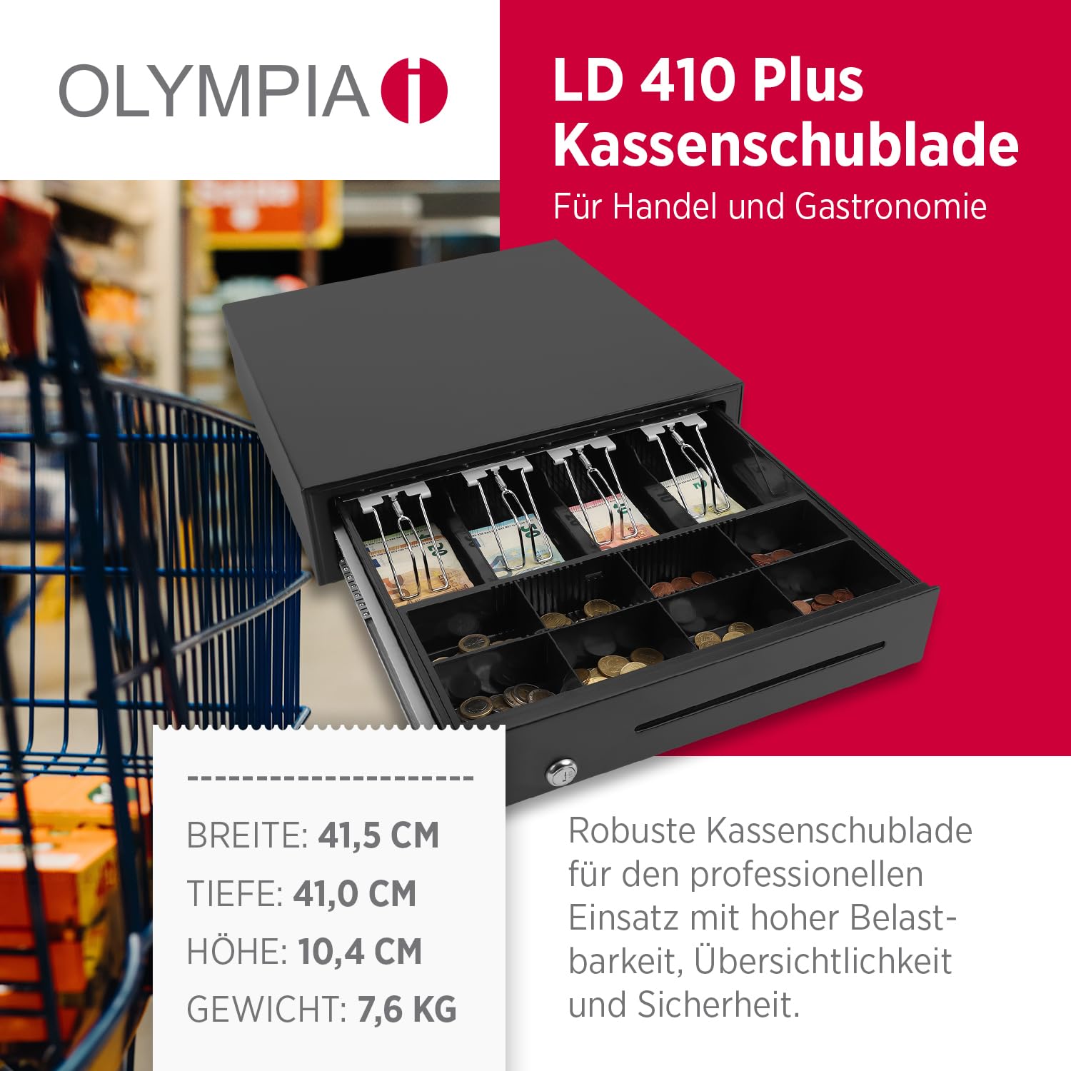 OLYMPIA LD 410 Plus Tiroir-caisse en métal massif | Base pour caisse enregistreuse | Tiroir caisse avec tiroir pour charges lourdes et rail télescopique à roulement à billes | Connecteur RJ12