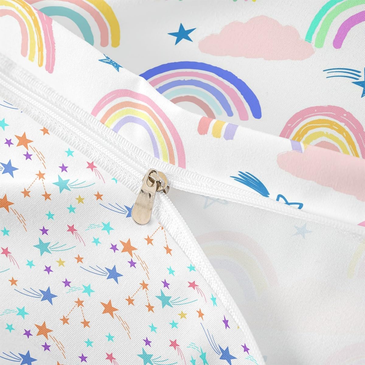 Rainbow Duvet Cover For Girls Kids, Cartoon Sun Cloud Bedding Set Kawaii Room Decor King Size, Girly Iridescent Stripes Comforter Cover Hand Drawn Bed Set 3 Pieces With 2 Pillow Cases, Colorful