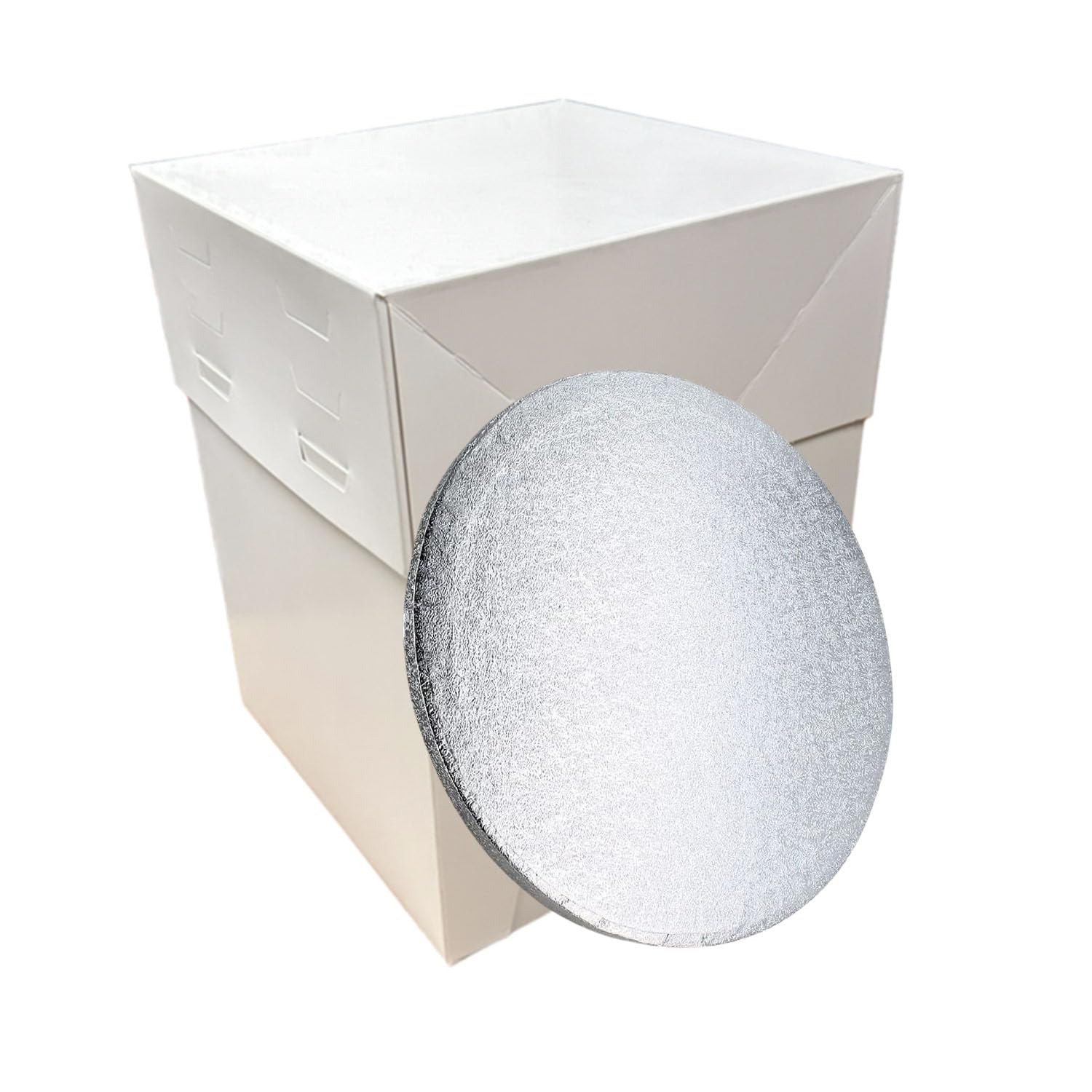LARRYROO 12" x 12" Tall White Cake Box with Adjustable Height & Silver Round Cake Drum Board Combo - Height from 20cm to 30cm