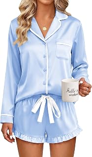 Ekouaer Womens Satin Pajamas Set 2 Piece Long Sleeve and Ruffle Shorts | Silky Button Down Loungewear Set, Satin Ruffle Shorts Sleepwear, Contrast Drawstring & Chest Pocket Design