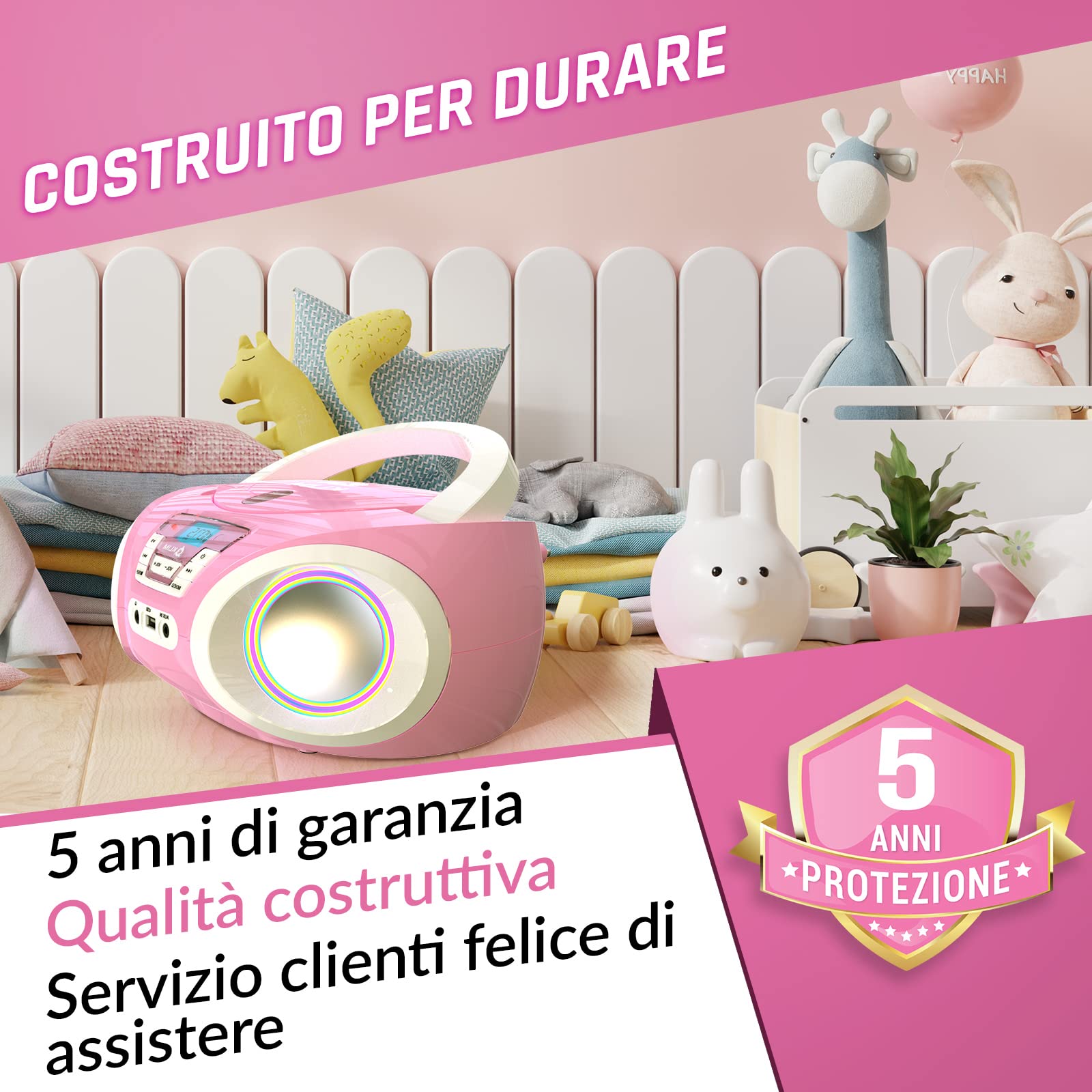 KLIM Candy BAMBINI Stereo per bambini NUOVO - Radio FM - Batterie incluse - Lettore CD Rosa con altoparlanti e Radio - Regalo Perfetto per Bambini e Bambine