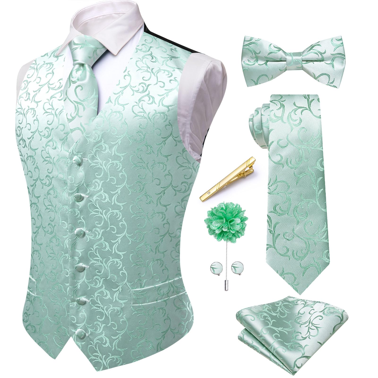 Hi-Tie Gilet da uomo formale in velluto Paisley tinta unita gilet cravatta papillon fazzoletto gemelli risvolto pin set smoking business