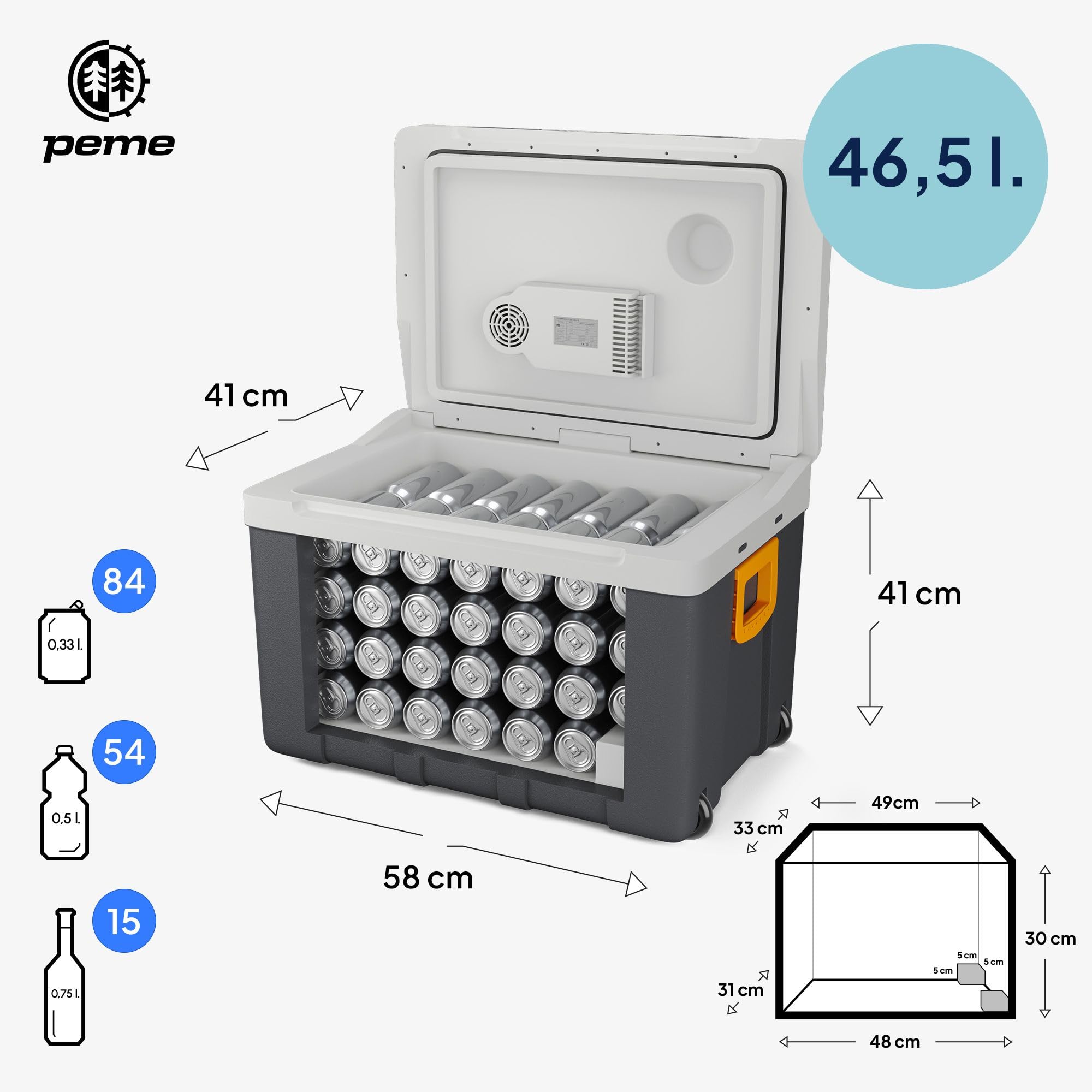 peme Essential Elektryczna Lodówka Turystyczna 46,6L - Chłodzenie i Podgrzewanie, Podwójne Zasilanie 12V & 230V, Tryb Eco, Kółka i Rączka, Cicha Praca, do Samochodu, Kempingu, Podróży