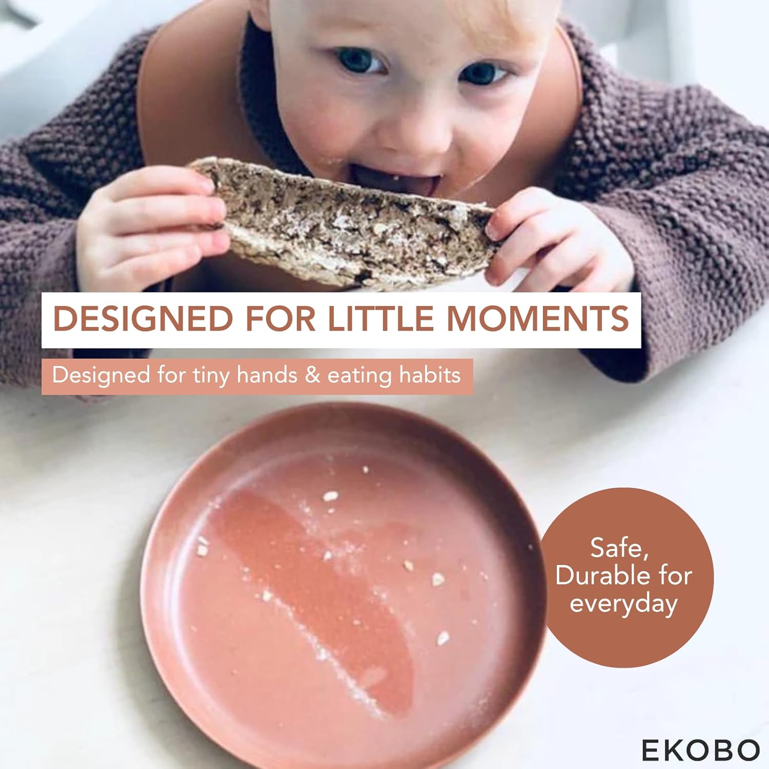 EKOBO Kids Bamboo Plates Set of 4 – 7″, Cloud, with High Rims for 6+ years, Durable, Lightweight & Dishwasher Safe kids plates for Toddler Meals at Home or On the Go