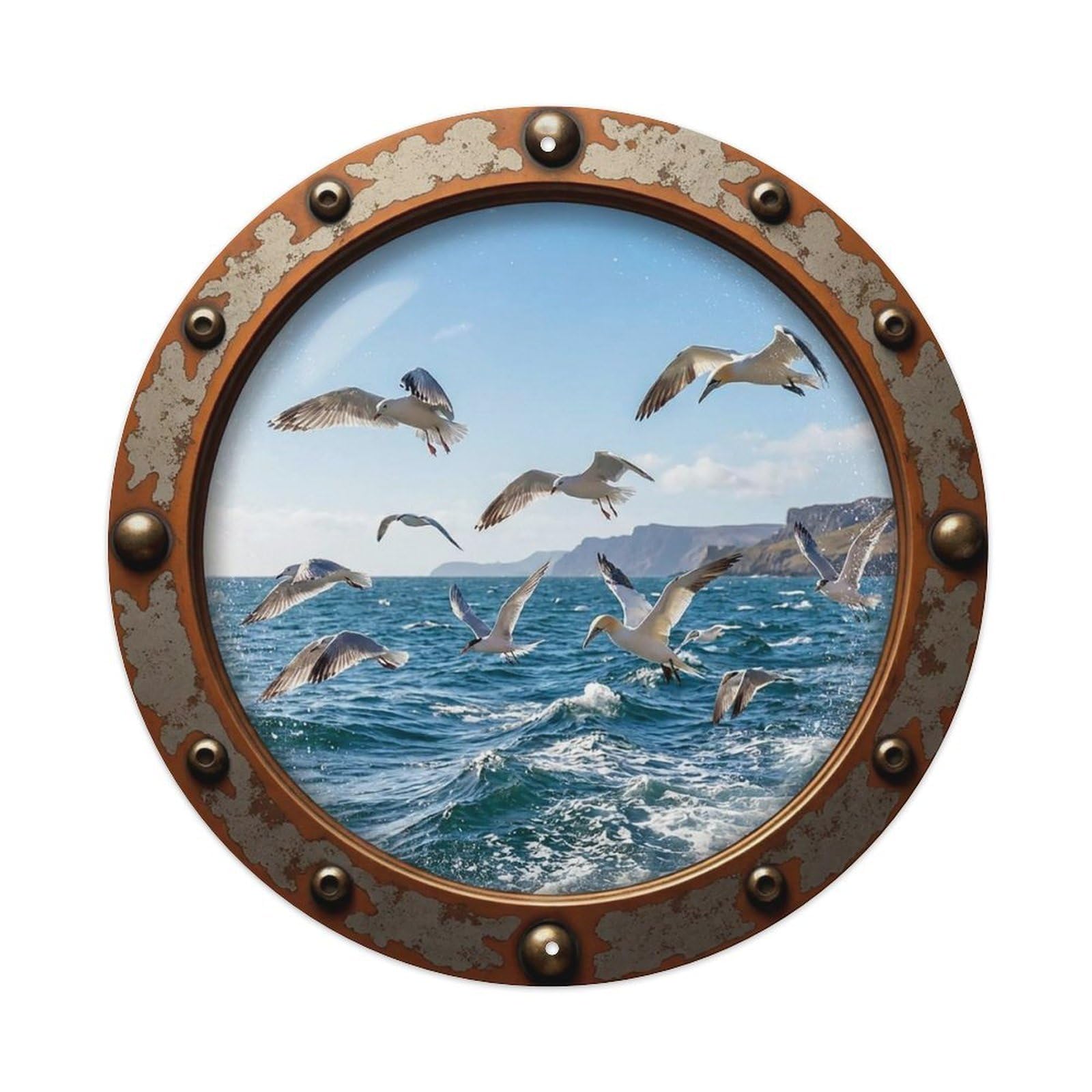 Vintage Porthole Coastal Birds Nautical Window View Vintage Metal Tin Sign Plaque Wall Decor for Cafe, Club Bar, Office, Garden Metal Poster 8x8Inch
