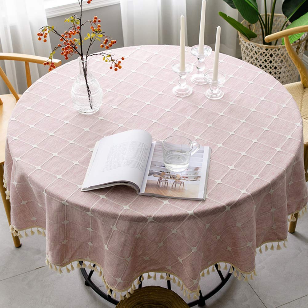 Nappe ronde en lin de coton rose de 80cm avec pompons à carreaux