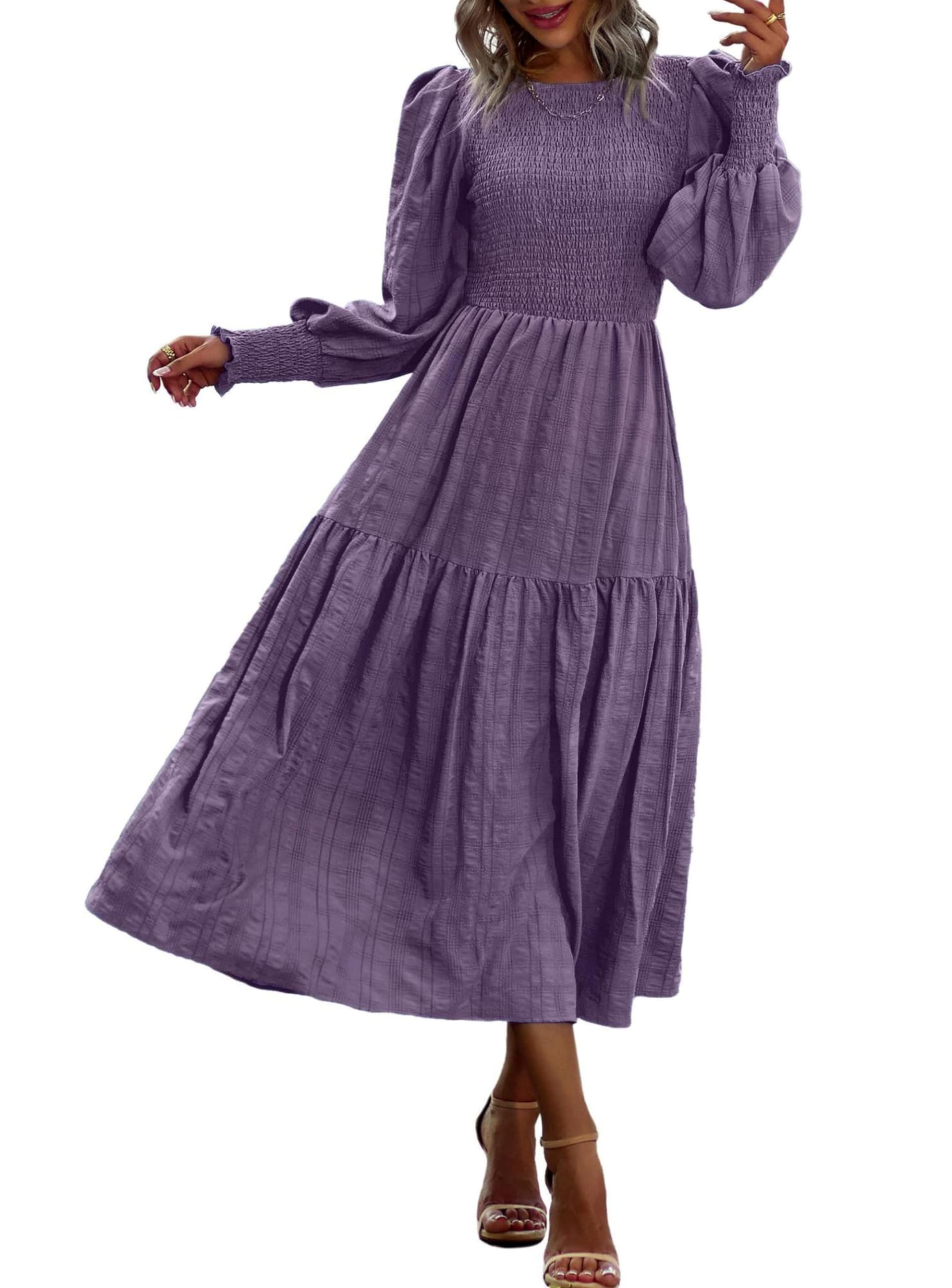chinese dress ladies PRETTYGARDEN Women Fall Long Sleeve Smocked Maxi Dress Casual Square N main image 0