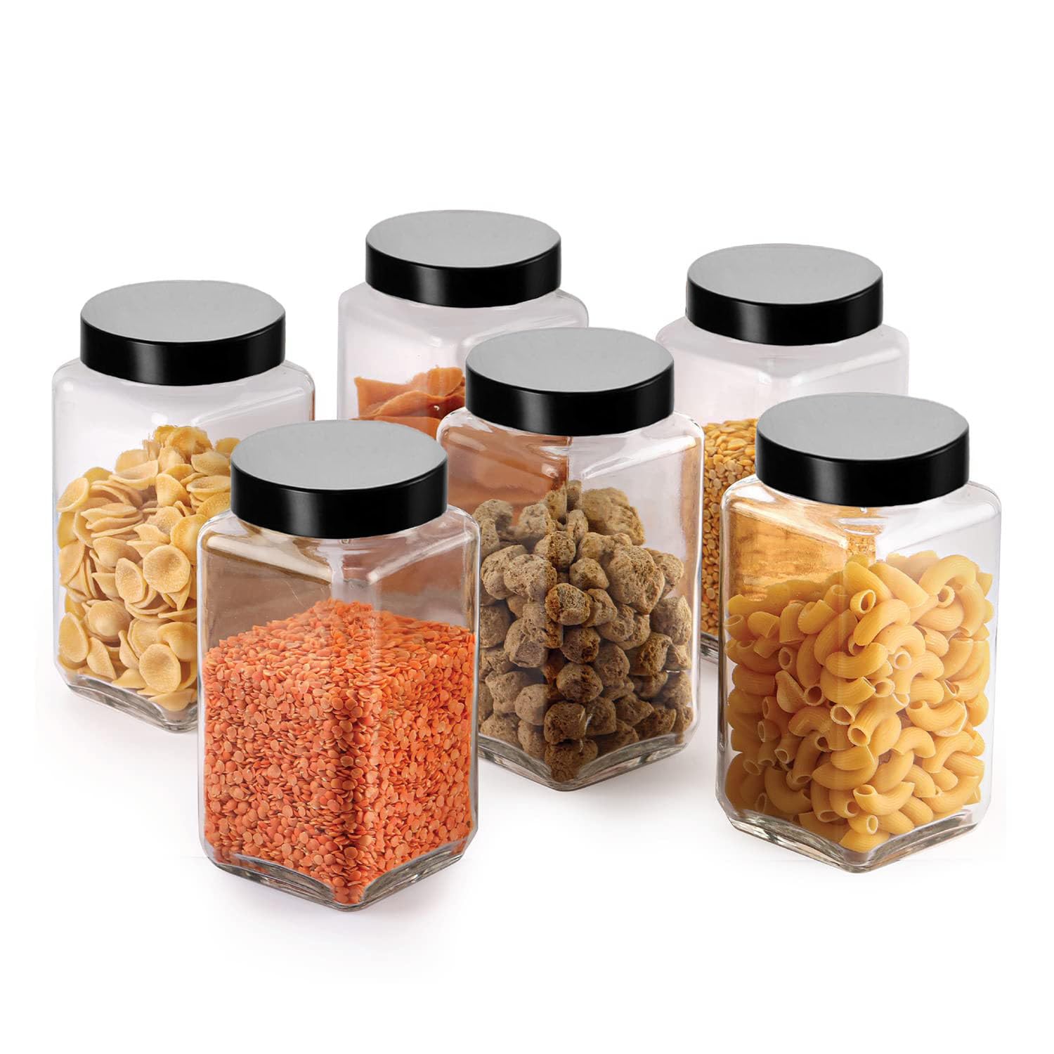 Vency Glass Cubical Square 1000ml Transparent Glass Jars & Containers for Kitchen Pantry, Snacks, Masala, Pickles, Cookies, Dry Fruits, Coffee Storage with Black Plastic Lid (1000ml, Set Of 6)