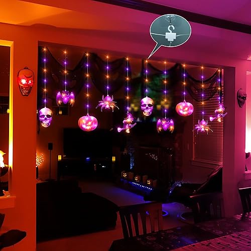 Miniatura 6 de Lomotech Luces de ventana de Halloween, 8.9 pies, 108 luces LED de Halloween moradas y naranjas con control remoto, luces de cortina con 10 adornos