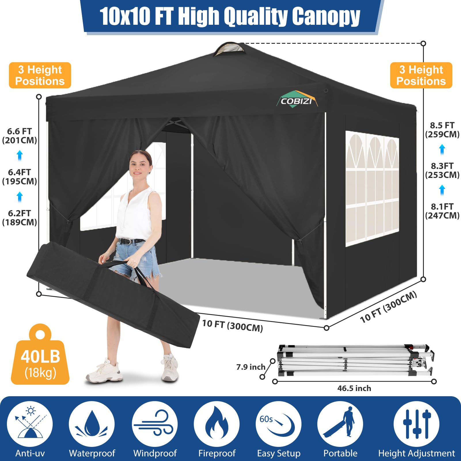 COBIZI Gazebo Pieghevole 3x3 Metri – Impermeabile, Resistente All'Inverno, Con 4 Pannelli Laterali, Protezione UV 50+ - 3