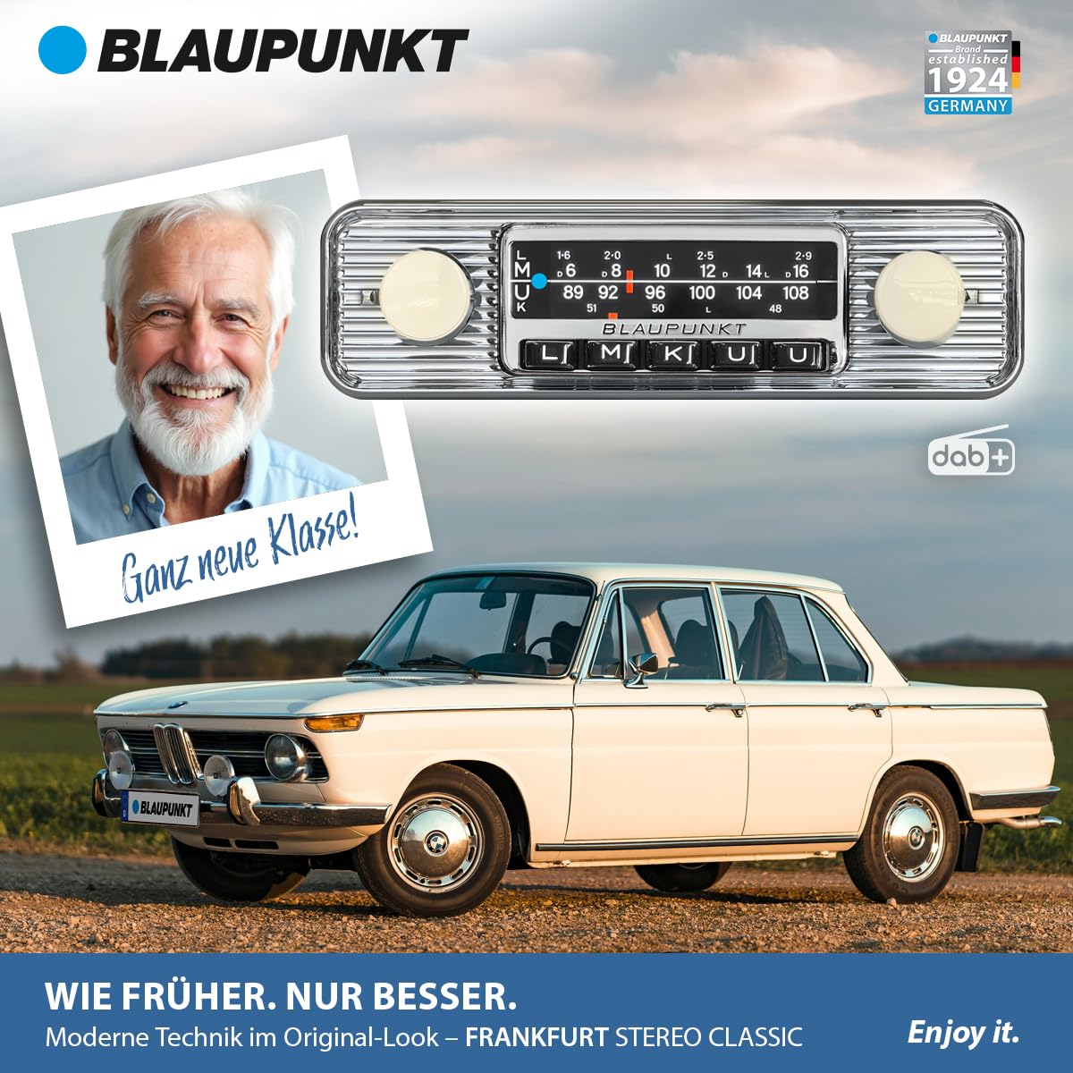 Blaupunkt Frankfurt Stereo Classic, 1-DIN Autoradio, Oldtimer-Design mit verchromter Metallfront im Wellendesign, DAB+, Bluetooth, USB, Aux-Eingang, Lenkradfernbedienung, Sub-Out, 4x50Watt, 12v