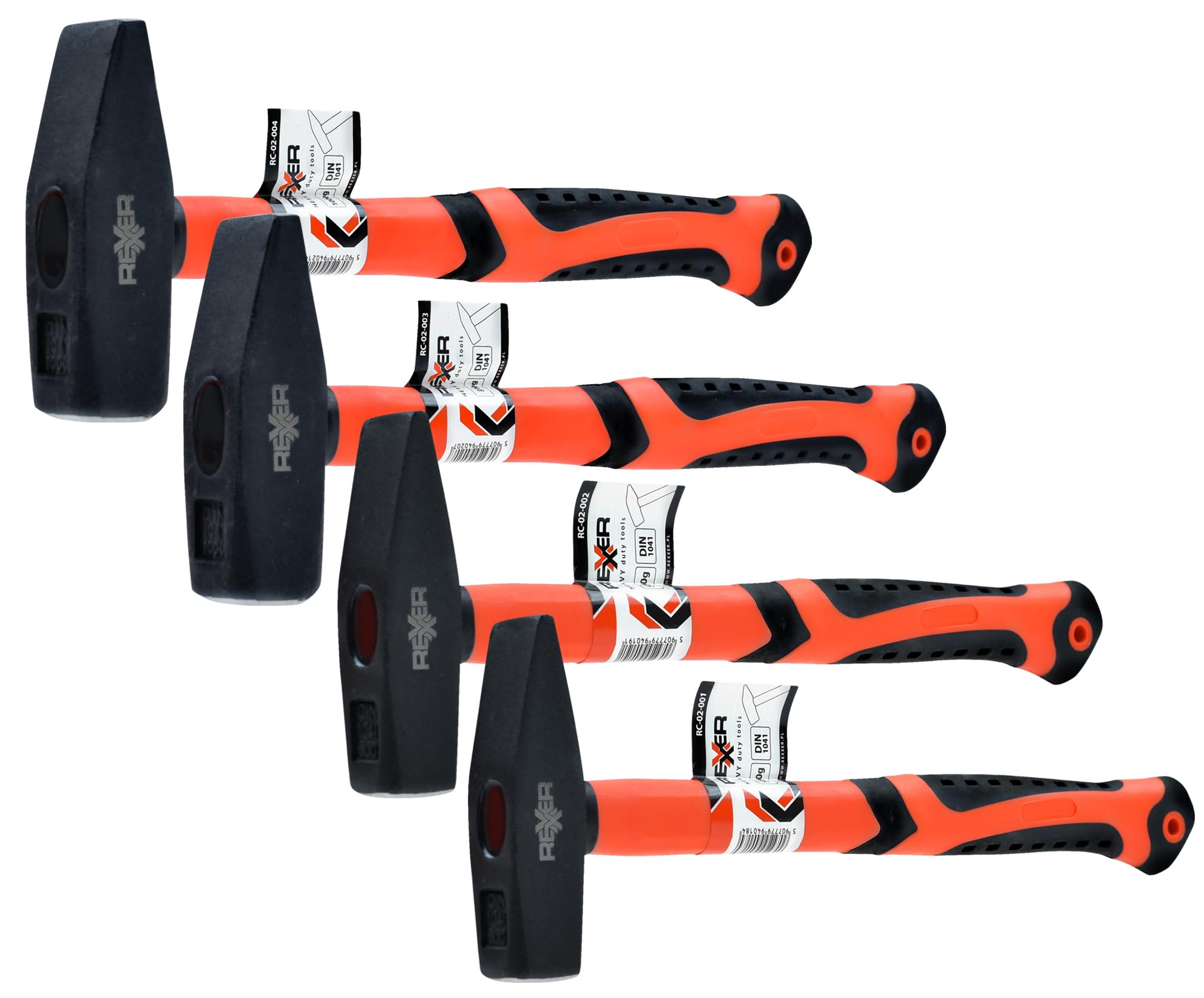 REXXER Schlosserhammer Set 4-teilig (300 g, 500 g, 800 g, 1000 g) – Hammer Set mit Fiberglasstiel & rutschfestem Griff – DIN1041 Stahlkopf – Werkzeug für Werkstatt, Bau, Montage & Haushalt