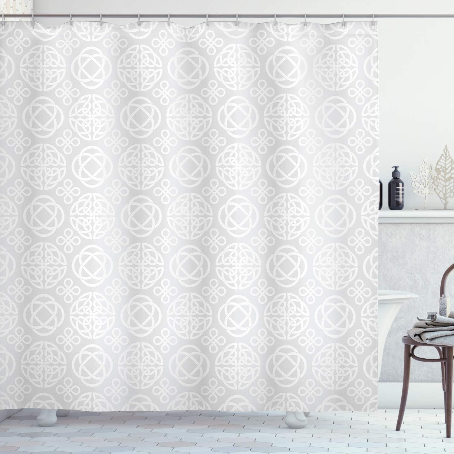 Ambesonne Celtic Shower Curtain, Retro Tribal Celtic Knots Eternity Forms Pattern Boho Ireland Irish Floral Artwork, Cloth Fabric Bathroom Decor Set with Hooks, 69" W x 75" L, Grey White