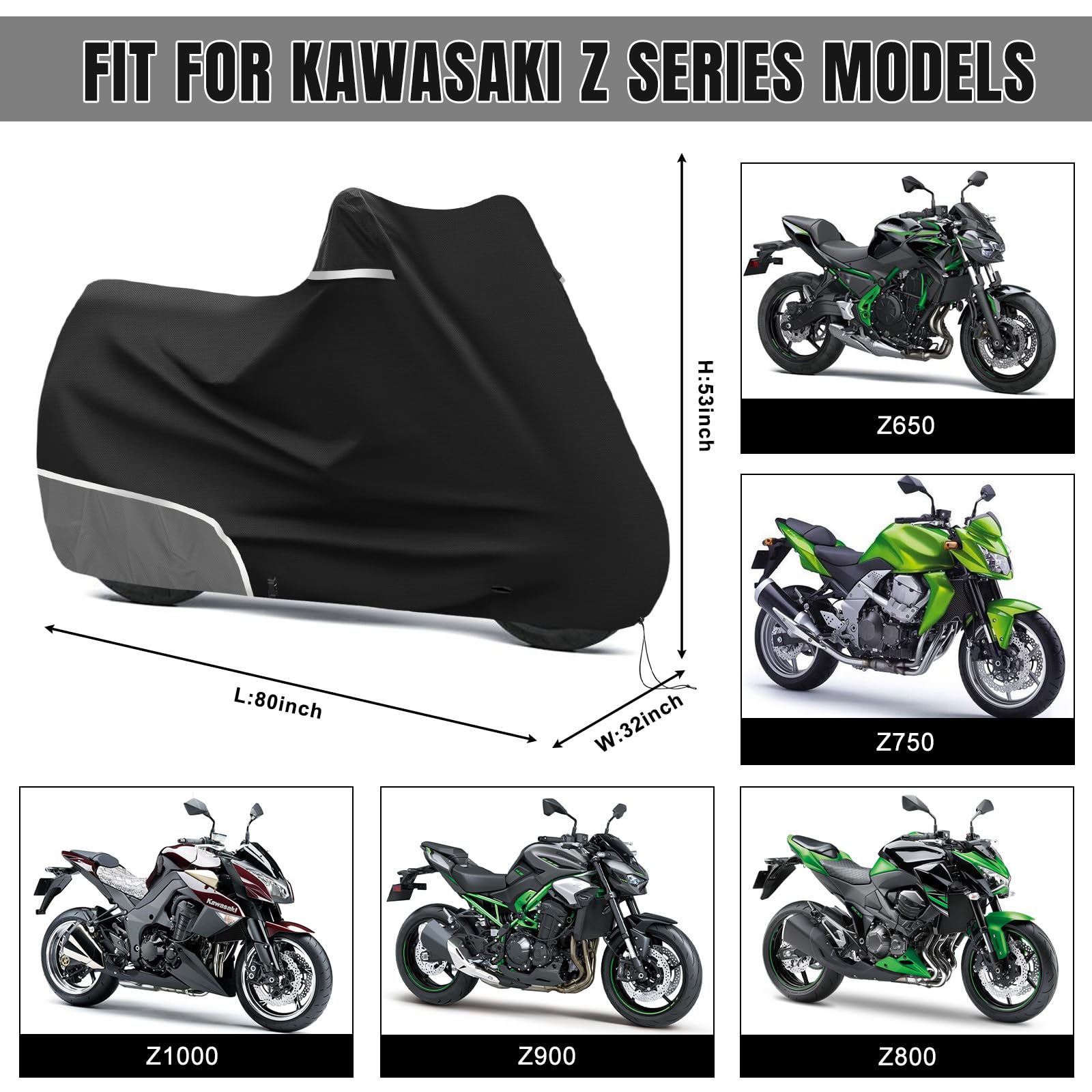 Pokrowiec na motocykl kompatybilny z Kawasaki Z650, seria Z. Zimoodporny, wodoodporny, odporny na rozdarcia i wytrzymały. Szary