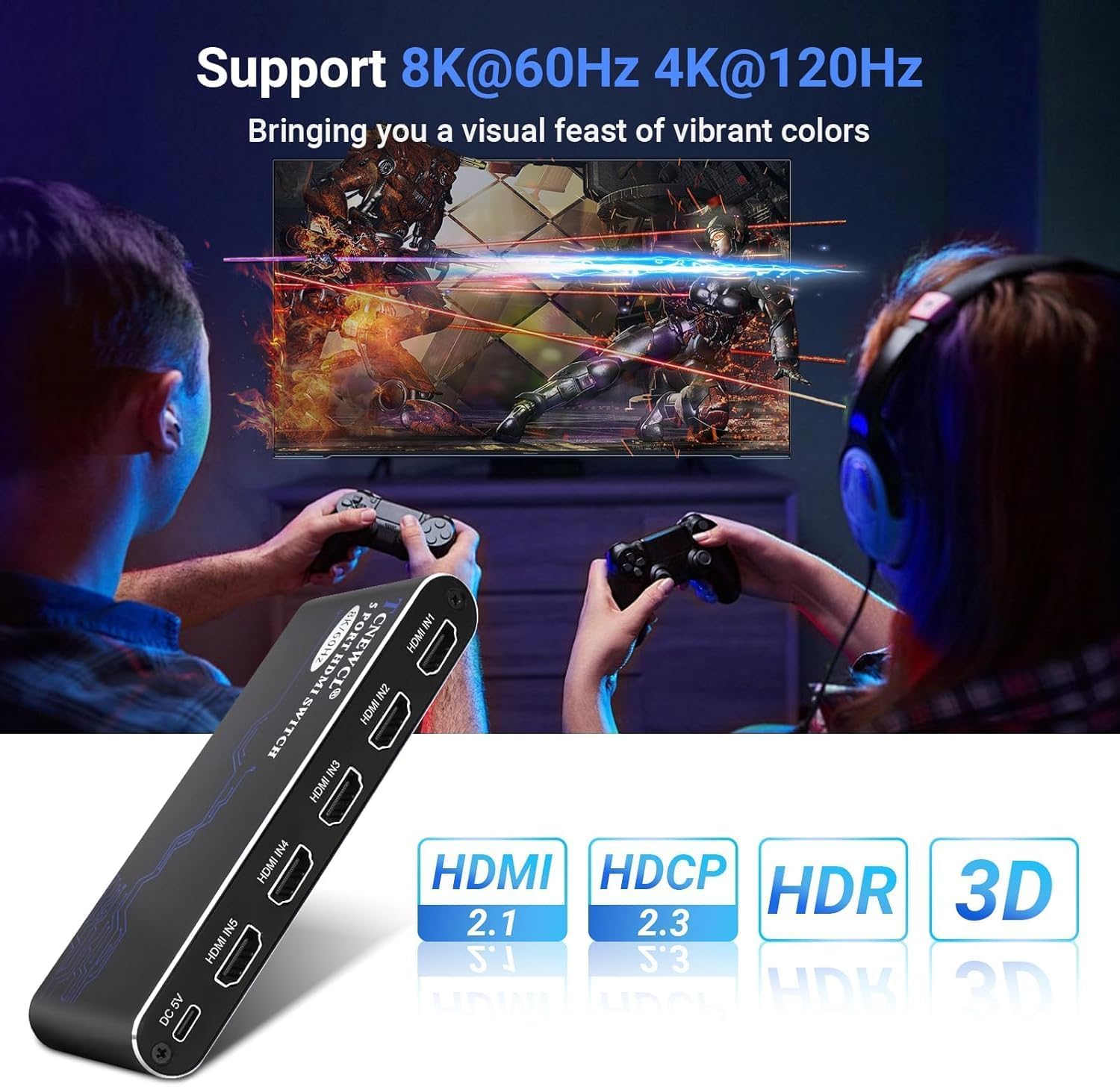 TCNEWCL Switch HDMI 8K 5 in 1 Out, Hub HDMI 8K a 60Hz 4K a 120Hz, selettore HDMI 2.1 compatibile con PS5 PS4 Xbox PC