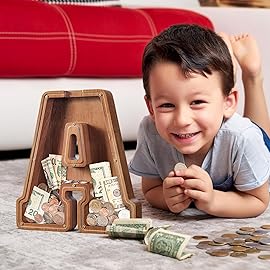 Summidate Large Wooden Piggy Bank for Kids Adults, Letter A Money Bank for Boys Girls, Personalized Initial Alphabet Bank for Coins Bills Change, Birthday and Decor