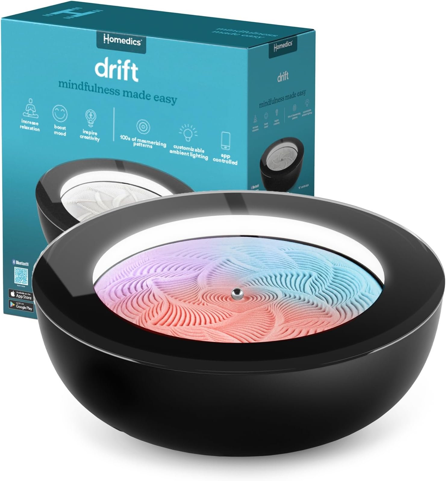 Drift Sandscape, Kinetic Sand, Perpetual Motion Machine, Zen Garden, Meditation Accessories, Decorative Sandscape, Bluetooth, iOS, Android, by Homedics (16 Inch (Small), Black)