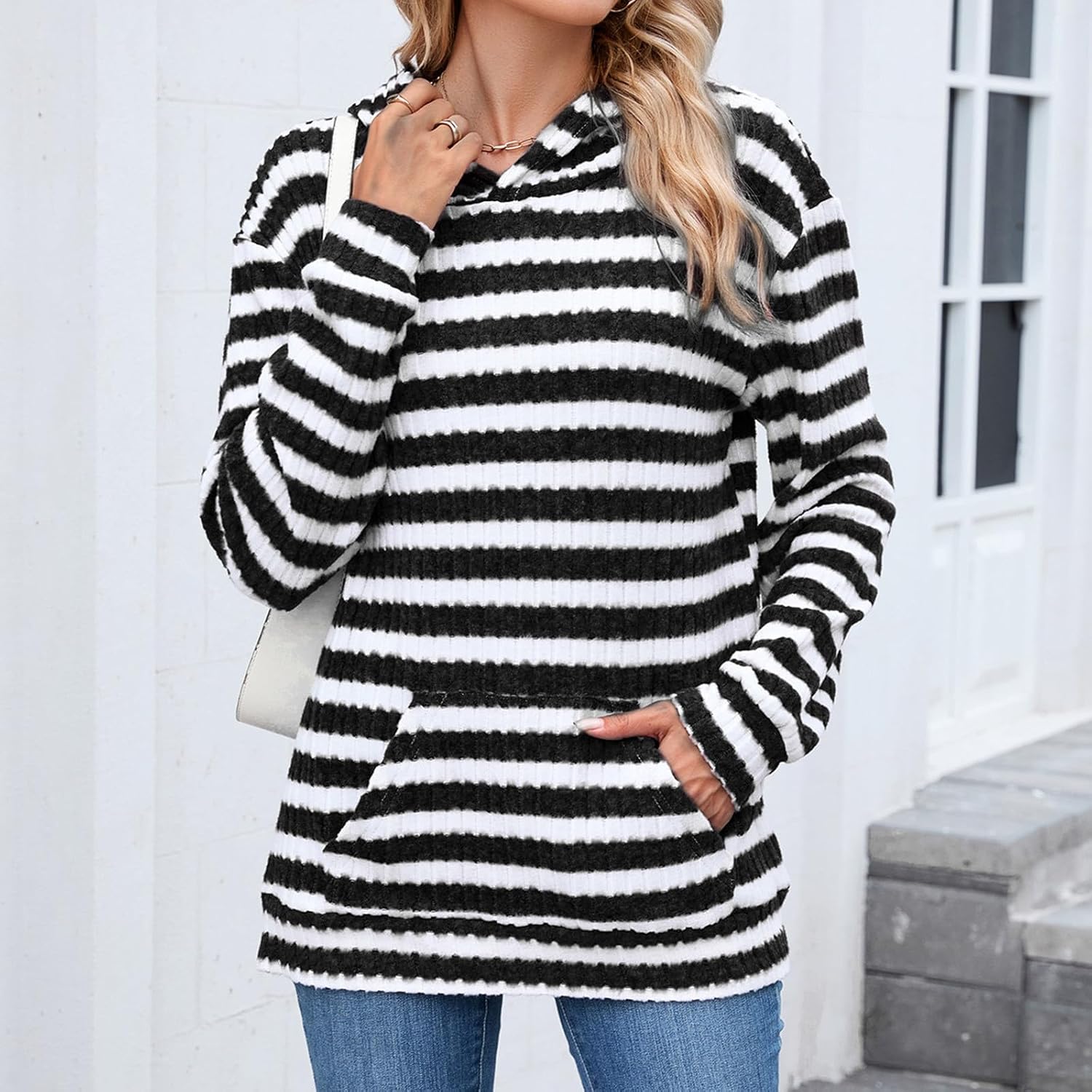 Womens Cozy Knit Sweaters Hoodies Ribbed Striped Long Sleeve Pullover Sweatshirts Fall Winter Outfits with Pocket