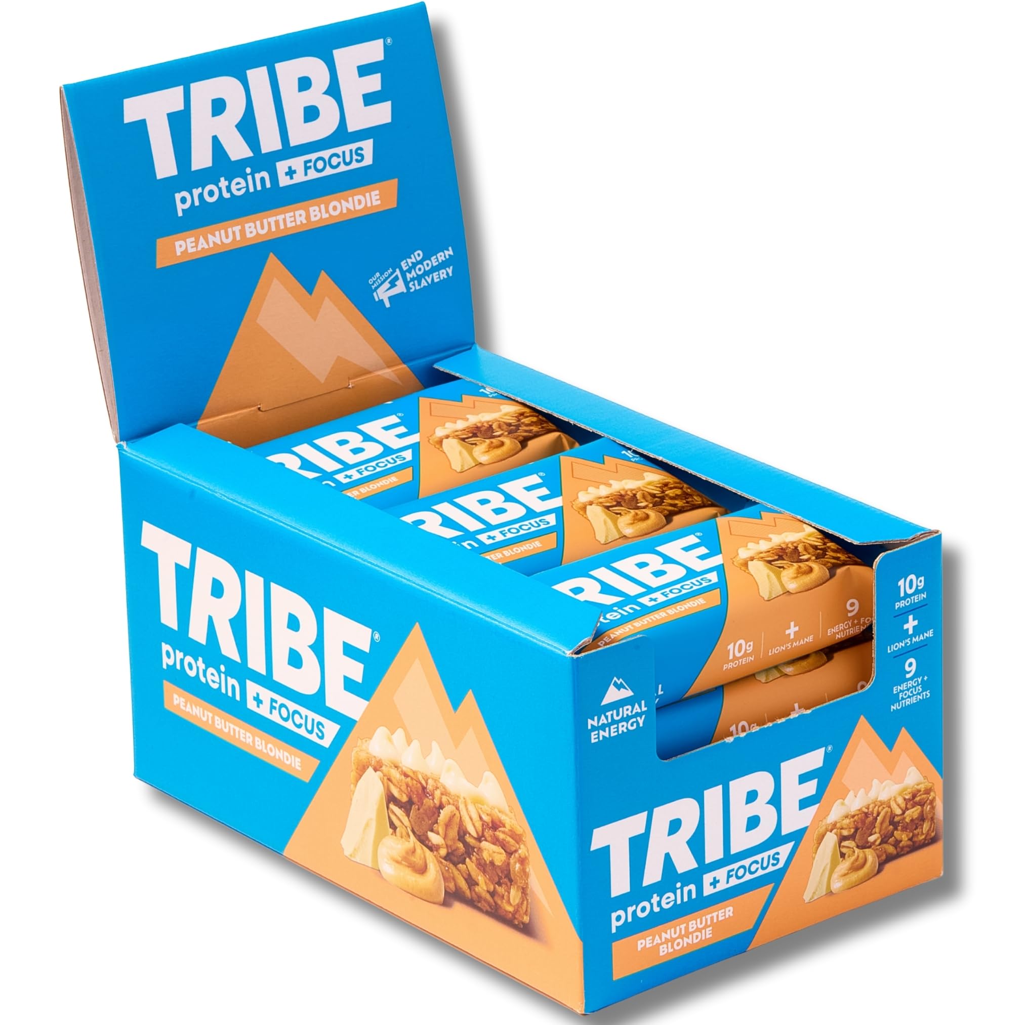 TRIBE Protein + Focus Bar – Blondie au beurre d'arachide – 10 g de protéines, 9 nutriments énergétiques et concentrés, crinière de lion, à base de plantes, collation végétalienne et sans gluten (60 g