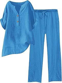 Conjunto de 2 piezas de algodón y lino para mujer, de manga corta, cuello en V, con botones y pantalones de cintura elástica, conjuntos transpirables de verano, conjuntos holgados e informales