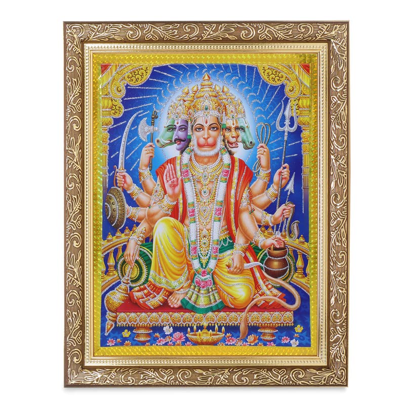 Photo Panchmukhi Hanumanji Zari grand cadre doré pour harmoniser un mur vide