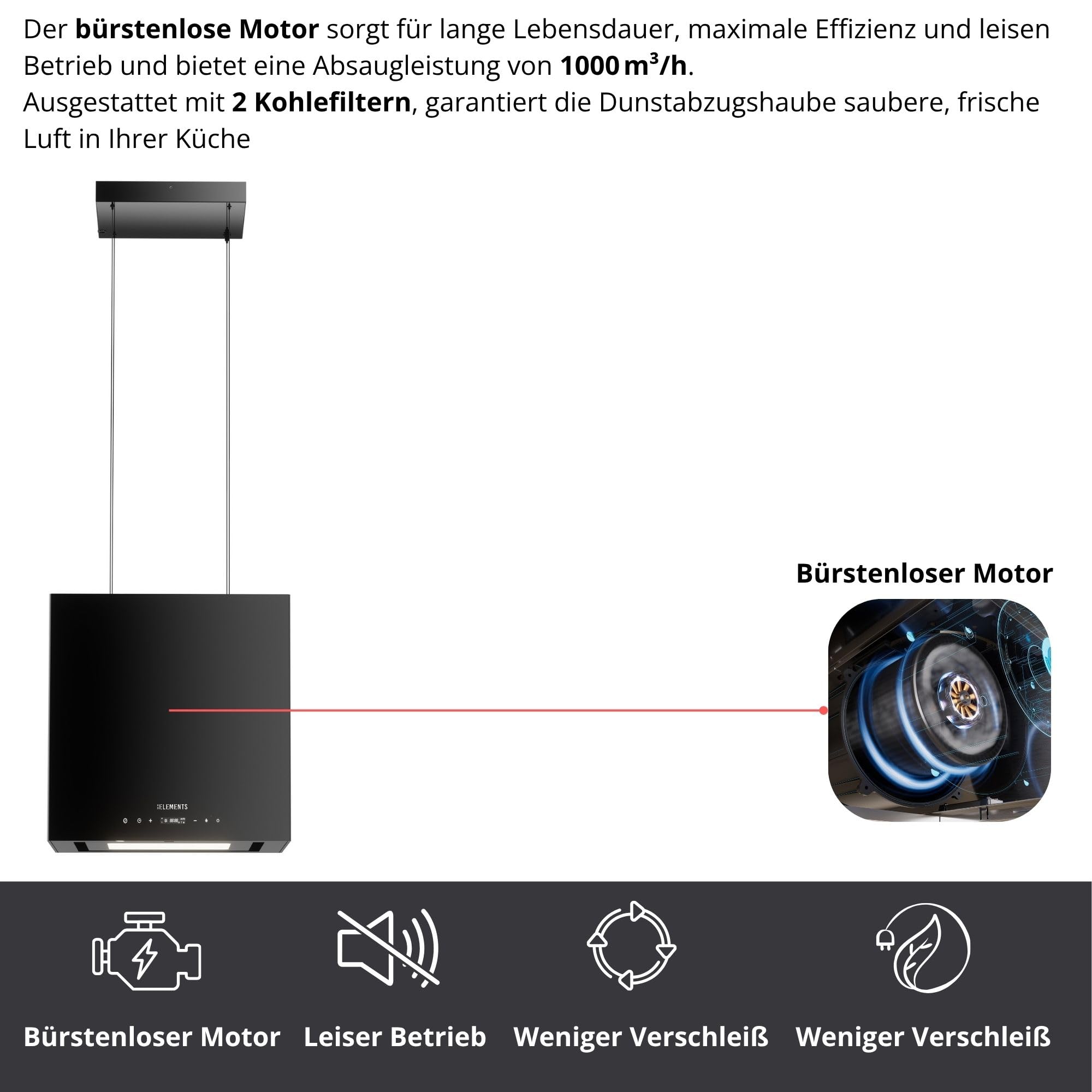 Inselhaube, dunstabzugshaube insel freihängend, Dunstabzugshaube mit 1000m³/h starke Saugleistung, Brushless-Motor, mit Fernbedienung, Touch-Gestensteuerung