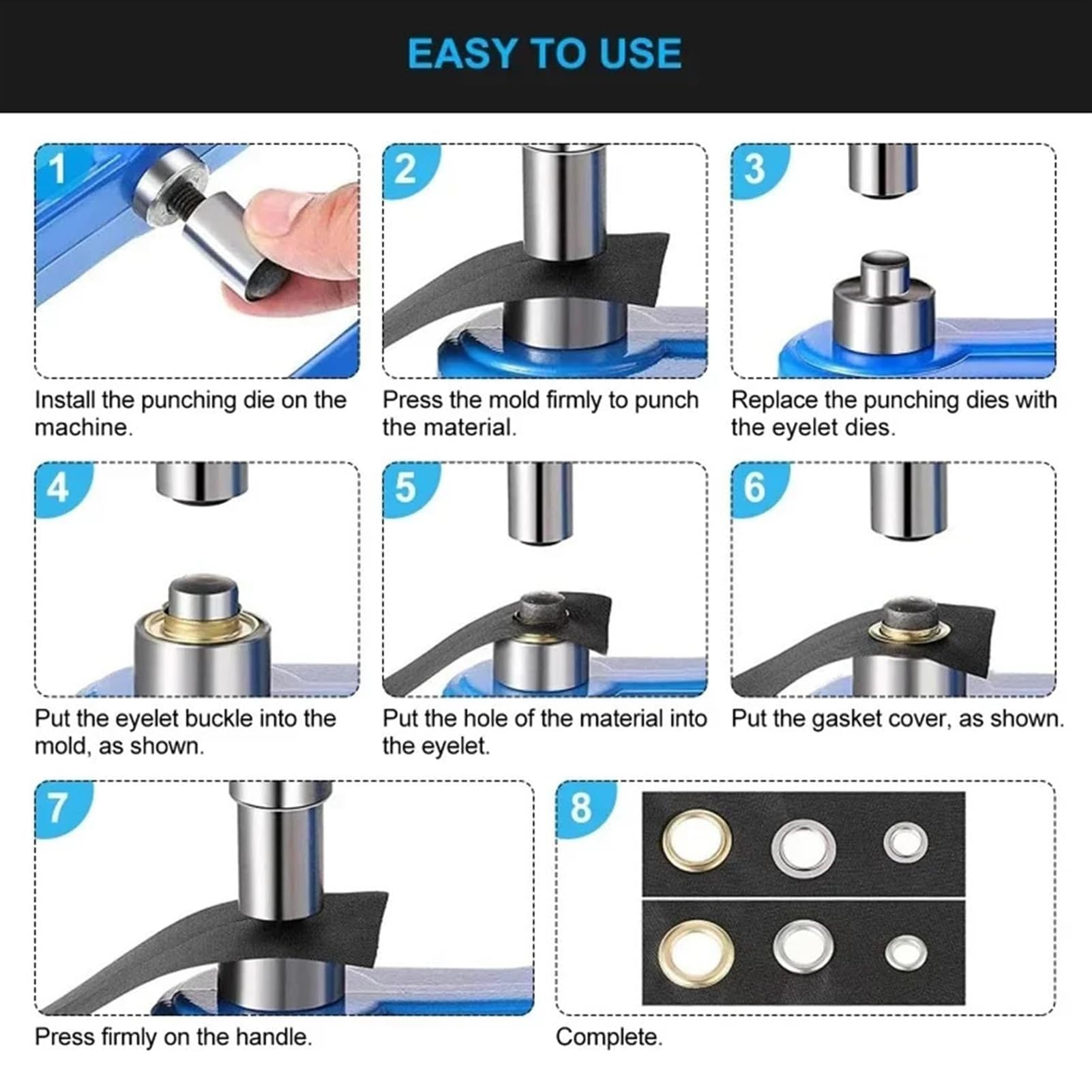 Ösenmaschine, Handpresse, Ösenmaschine mit 3 Stanzformen und 900 Stück Ösen 6/9,5/12 mm, DIY manuelle Schnappösenpresse Werkzeuge mit Stoff, Leinwand, Leder, Kunstleder, Gold