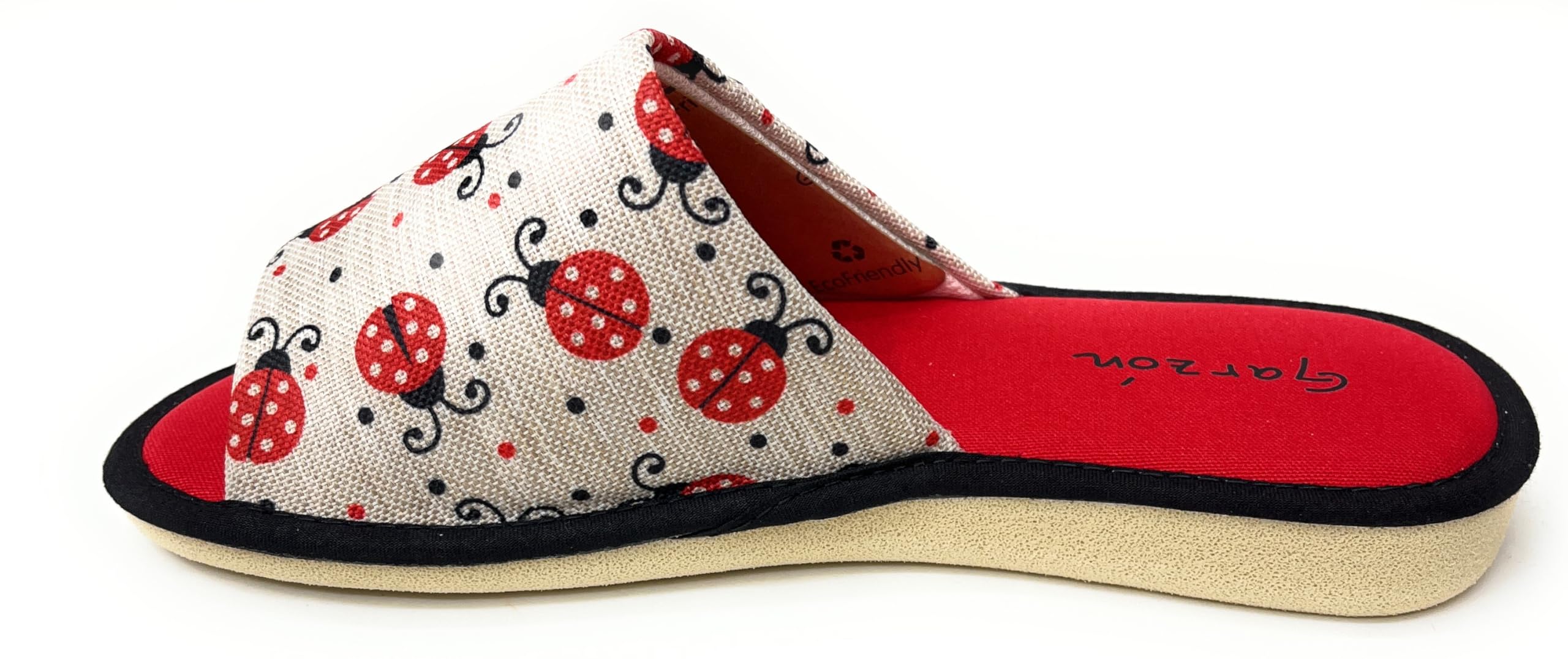 GARZON Garzón.Pantuflas Abiertas para Mujer, Diseño de Mariquitas Rojas,Zapatillas de Casa.Verano.Suela Especial Parquet.