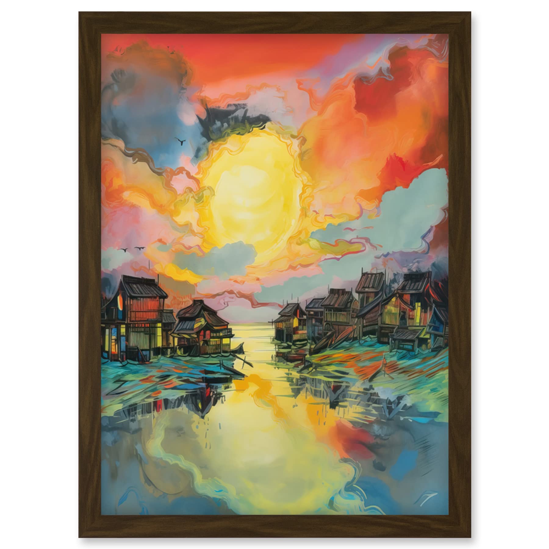 Artery8 Atmospheric Clouds Over Mono Lake Fishing Village at Dawn Modern Watercolour Painting Artwork Framed Wall Art Print A4