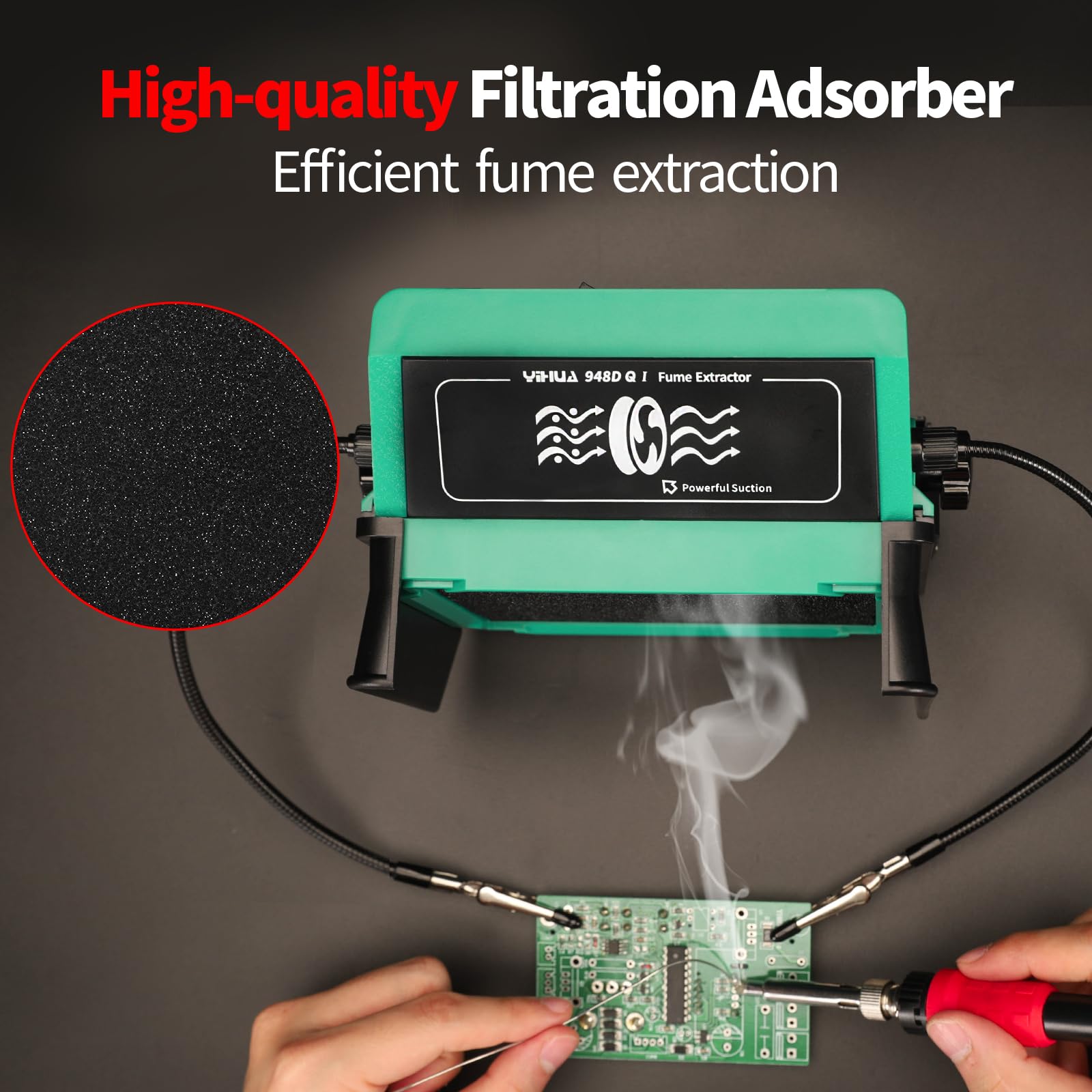 YIHUA 948DQ-I Saldatura Fumi Estrattore Ventola Saldatura Fumo Assorbitore Angolo Inclinabile con Mani Amiche, 6 Filtri Ventilatore Extra per Saldare e Pirografare Legno e Altro (EU PLUG)