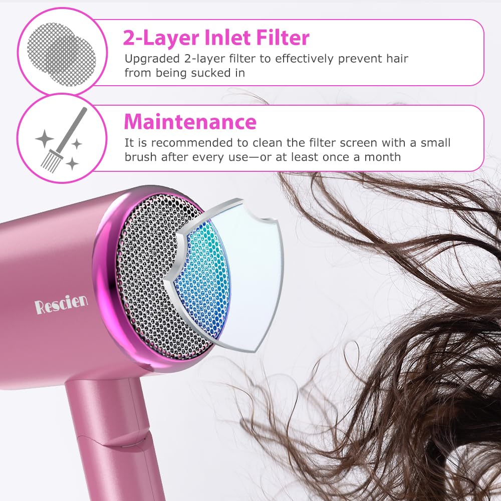 Haartrockner Ionen 2400W Föhn Fön mit 3 Aufsätze &Reisebeutel&Halter, Rosa | Föhn Fön Schnelltrocknen [leicht & kompakt] Profi Reisefön mit Heiß-/Kalttaste, 3 Heiz,3 Geschwindigkeiten / Salon Haarföhn