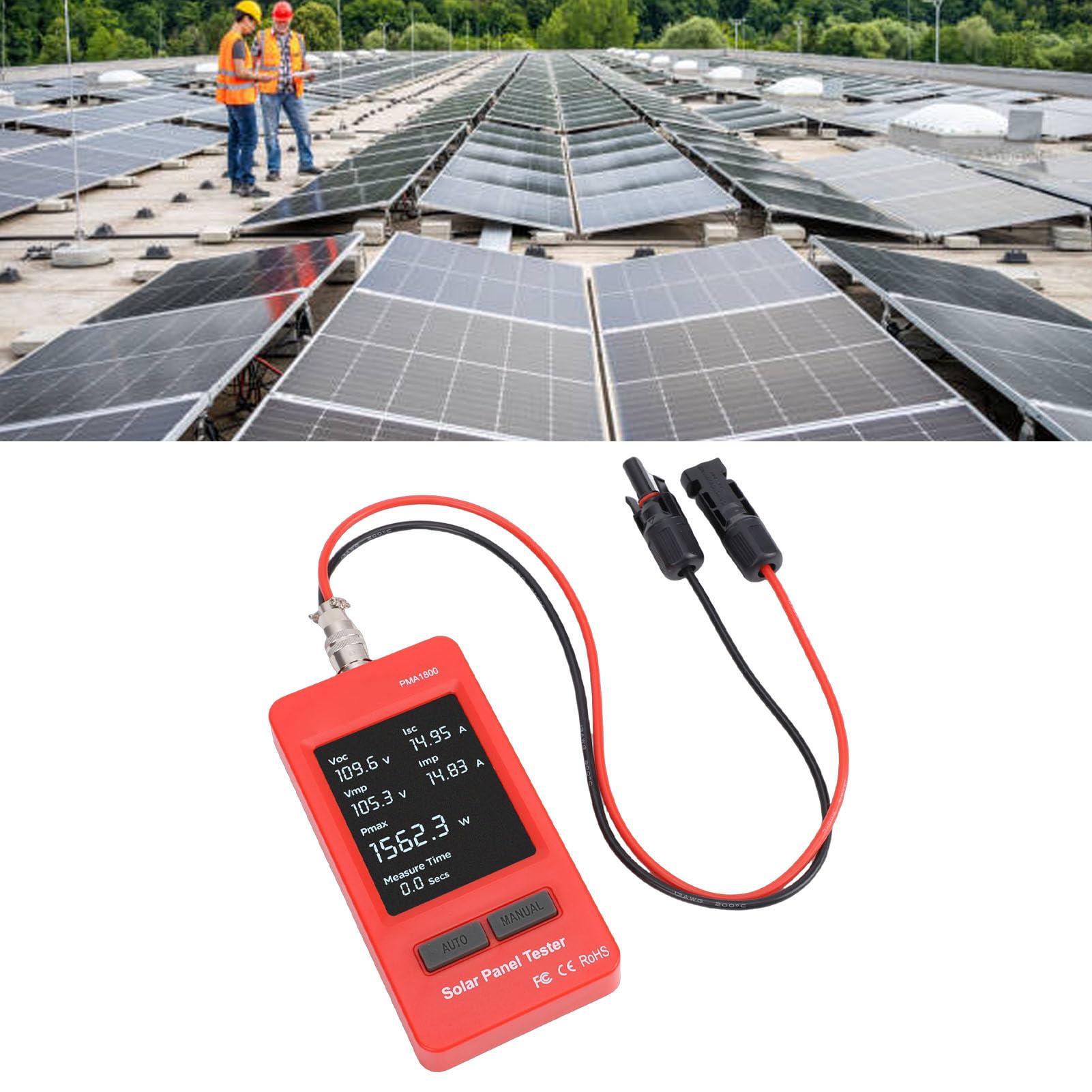 Tester per Pannelli Solari, Misuratore MPPT 1800W Potenza Massima 60A Corrente per Modulo Fotovoltaico con Display LCD, Protezioni da Sovratensione e Surriscaldamento,