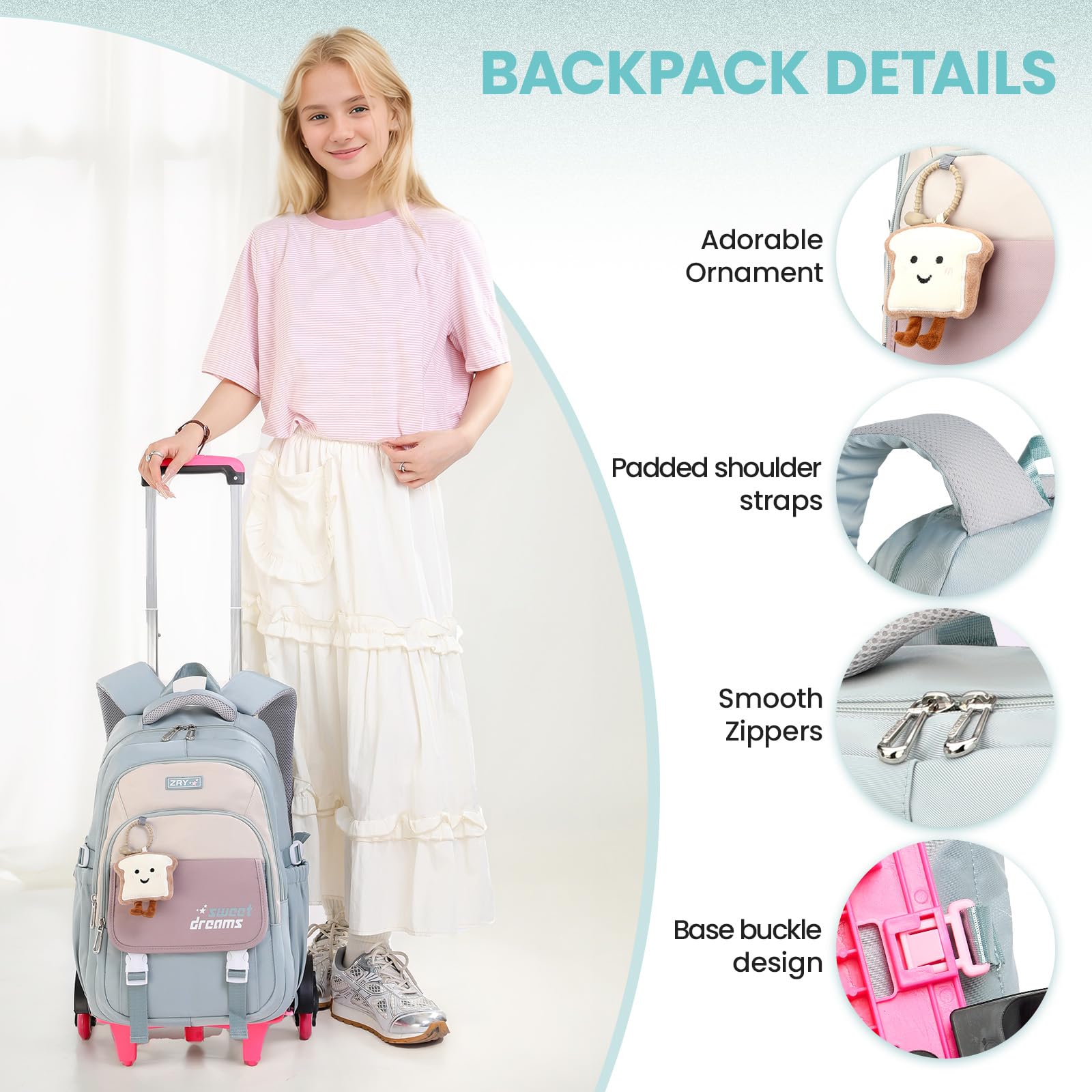 Amythe Zaino Trolley 2 in 1 per Ragazza Elementare Media, 6 Ruote, Verde | Zaino con Ruote per Ragazza, Zainetto Casual Adolescenti con Pettorina, con Ciondolo, Viaggio e Ritorno a Scuola
