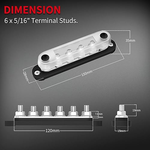 Miniatura 2 de DAIERTEK Barra colectora de 12 V, 6 x 5/16 pulgadas (M8), bloque de distribución de energía de 12 voltios con tapa, barra de bus de batería de 12 V