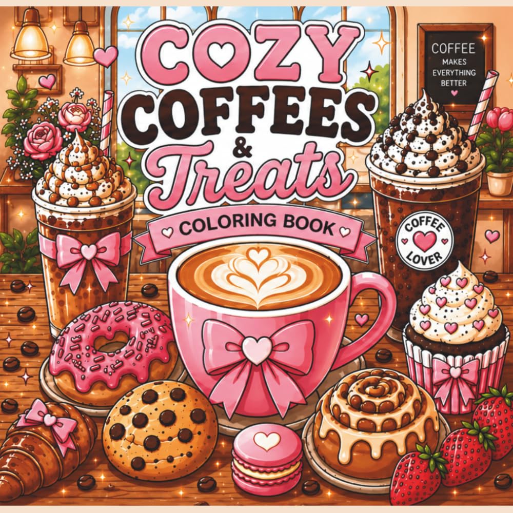 Cozy Coffees and Treats Coloring Book: Bold and Easy Coloring Pages with Cute Coffee Drinks, Sweet Treats, Cozy Cafés, Desserts, and Relaxing Stress Relief Designs (Cozy Collection)