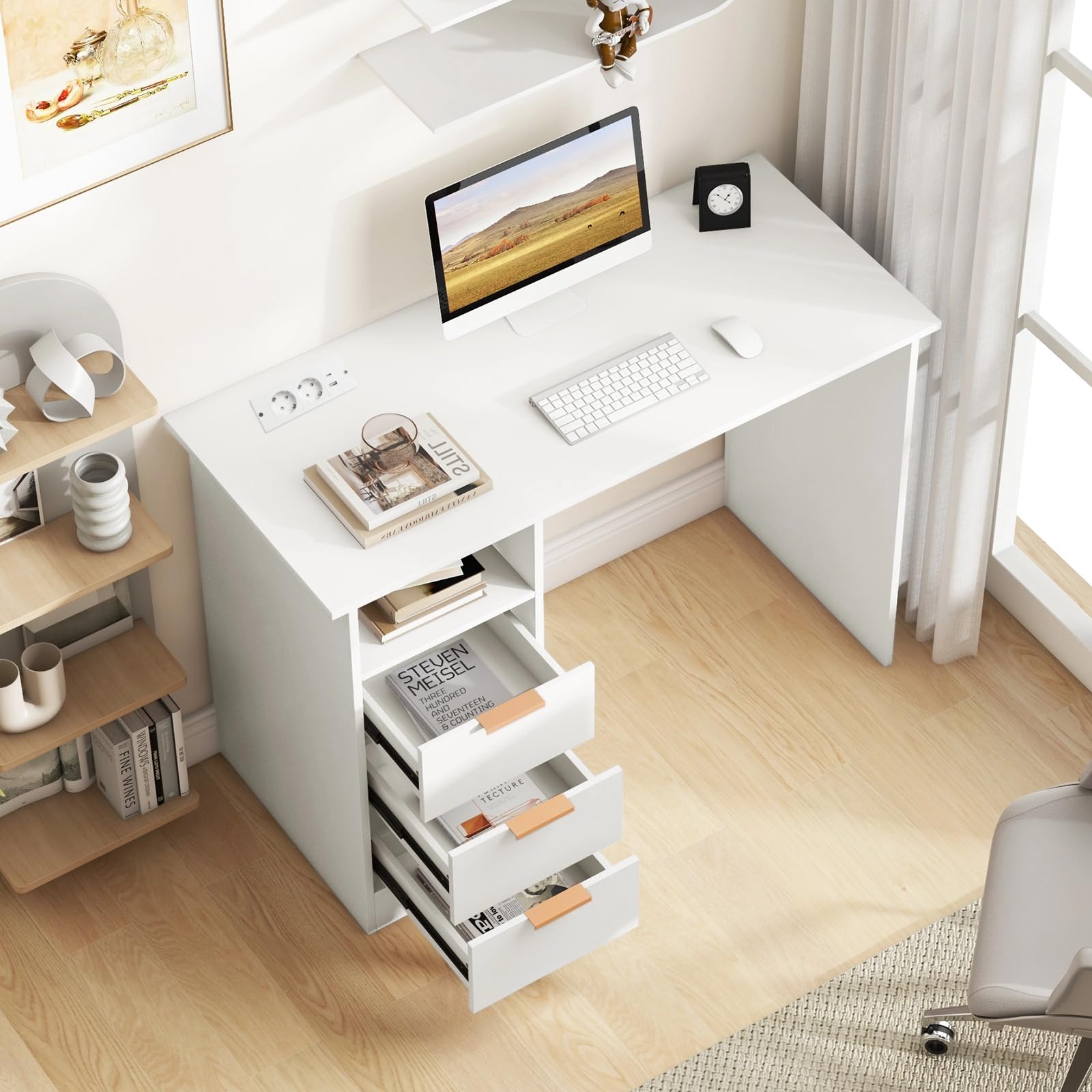 GIANTEX Escritorio de Ordenador con 3 Cajones Laterales y 1 Compartimento Abierto, Mesa de Trabajo con Estación de Carga, 108 x 48 x 76 cm, Escritorio para Dormitorio, Oficina (Blanco)