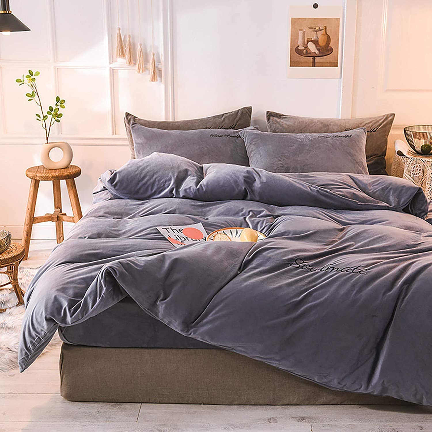 MGEMJMJ Solid Color Winter Warm Comforter Cover With Zipper Closure,Velvet Duvet Cover,Soft Reversible Flannel Quilt Cover(Size:200x230cm(79x91inch),Color:C)